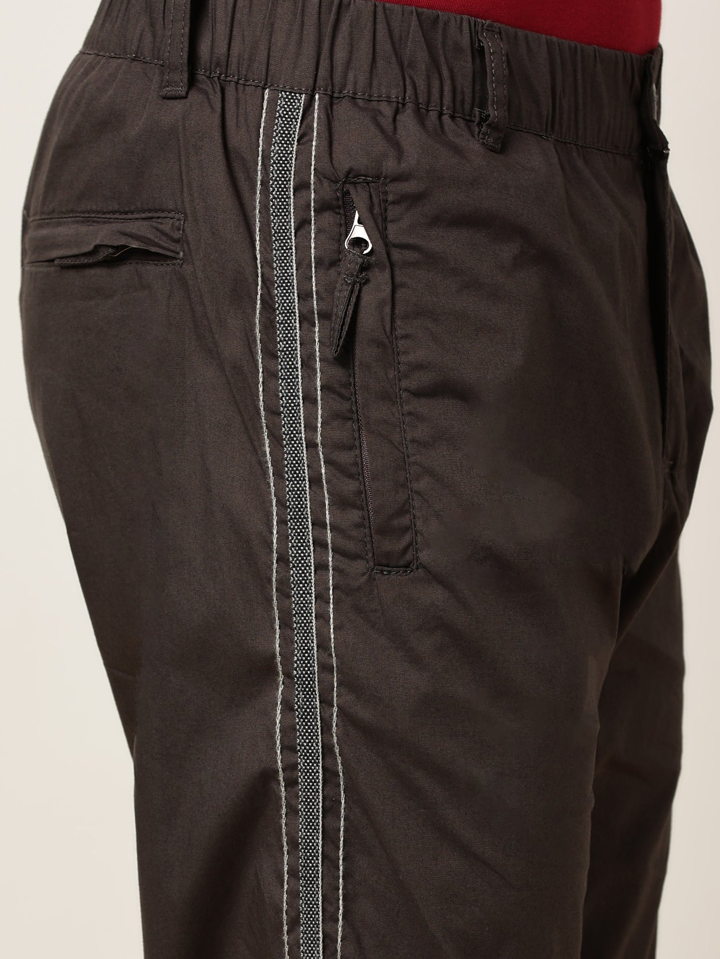 Elasticated Waist Zip Pocket Stretchable Grey Lounge Pants with Side Tape