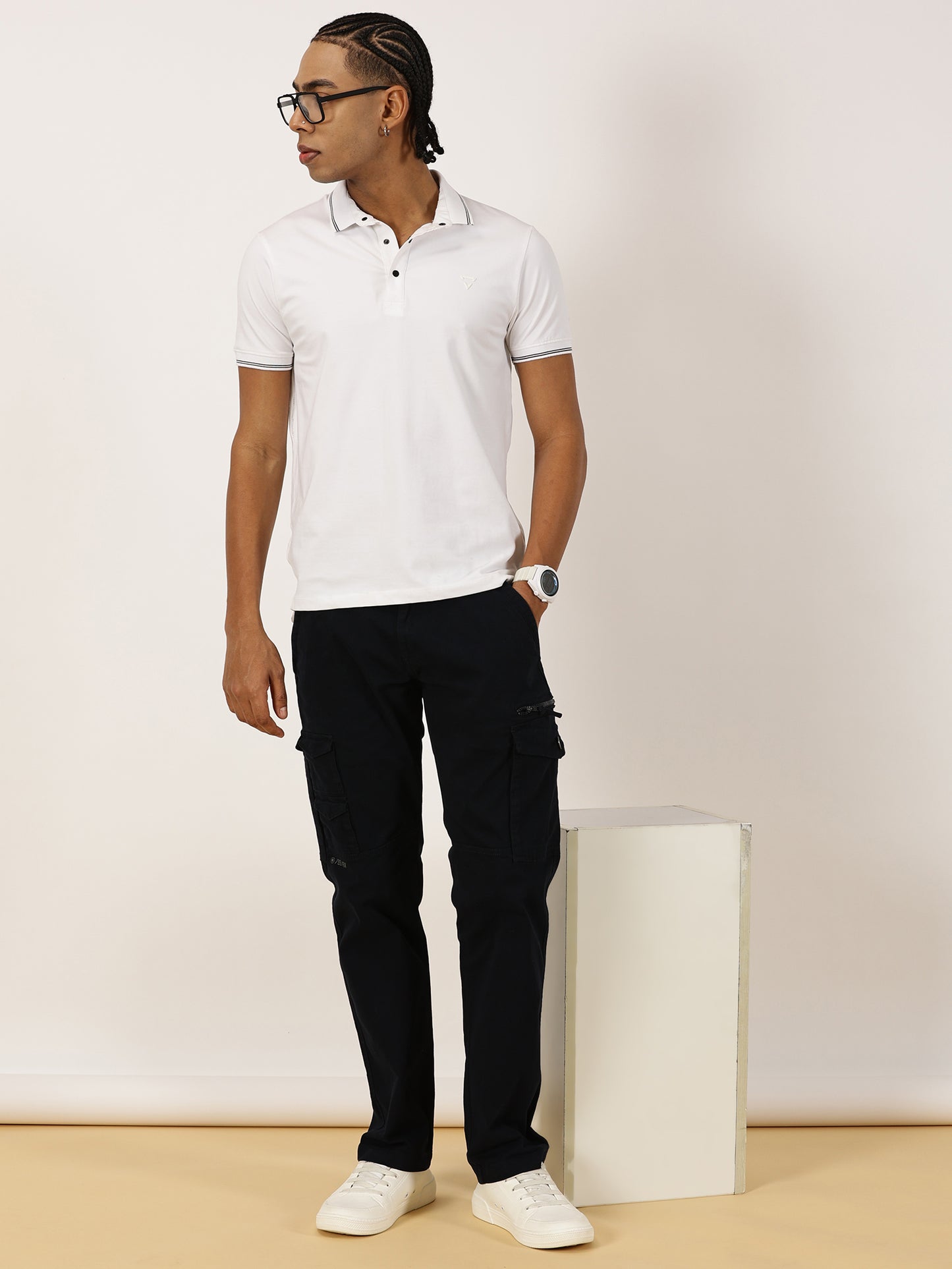 Zip Pocket Stretchable Navy Cargo With Belt