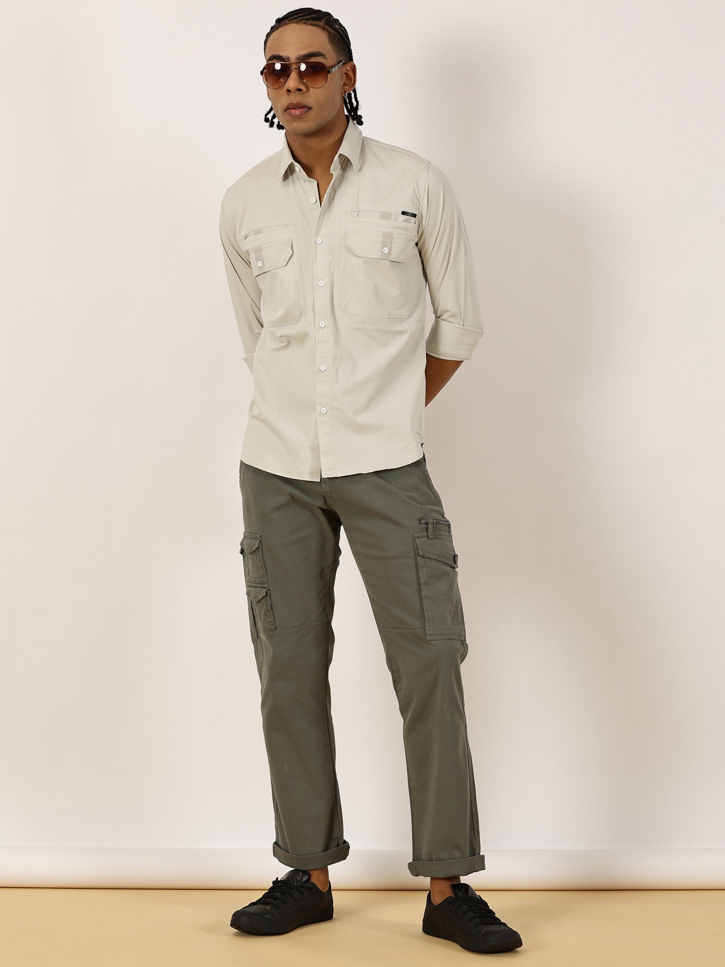 Double Pocket Stretchable Grey Cargo Shirt