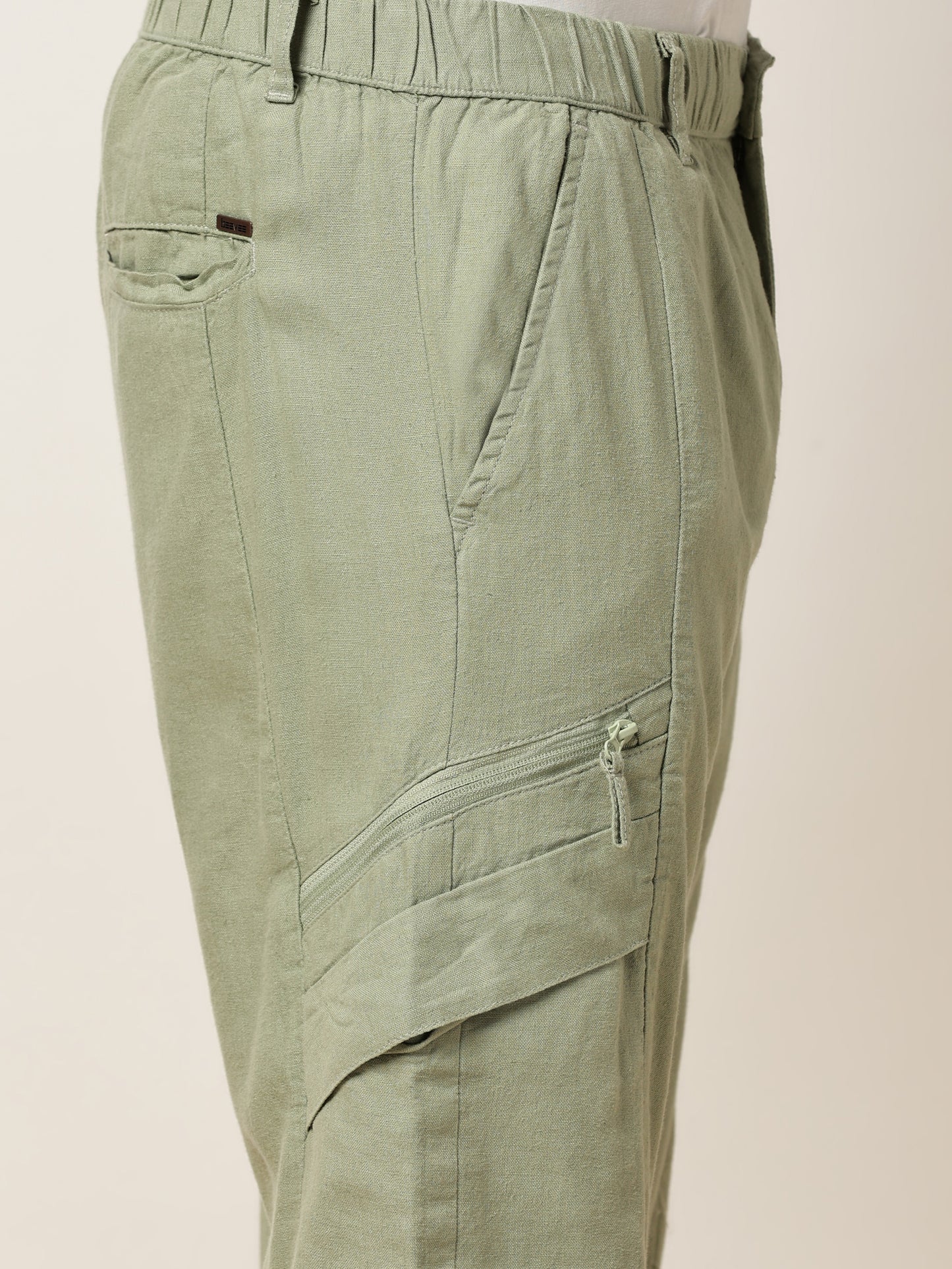 Linen Elasticated Waist Zip Pocket Green Lounge Pants