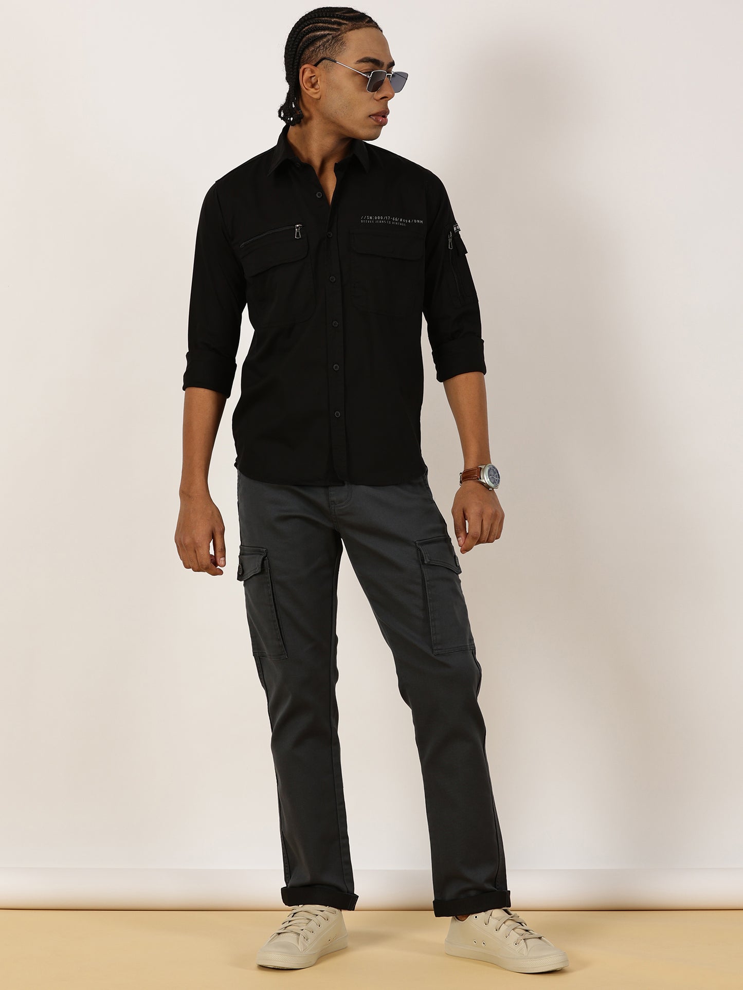 Zip Pocket Stretchable Black Cargo Shirt