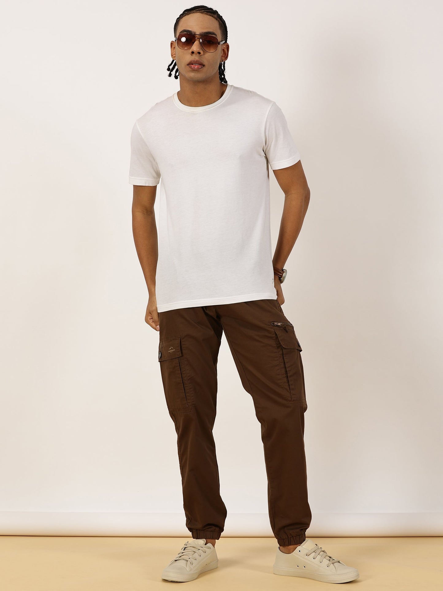 Elasticated Waist Zip Pocket Stretchable Brown Jogger Cargo