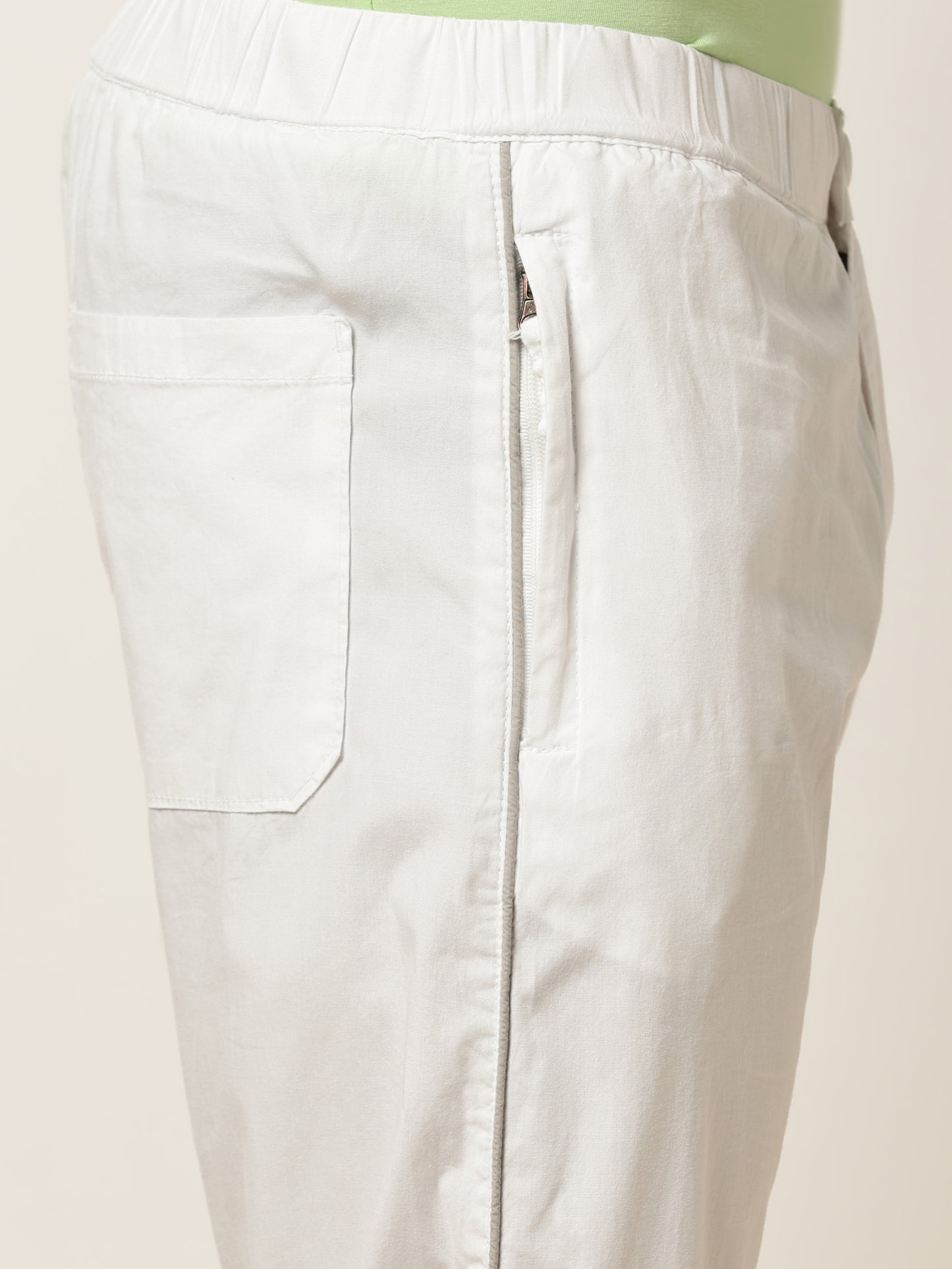 Elasticated Waist Zip Pocket Stretchable White Lounge Pants with Side Tape
