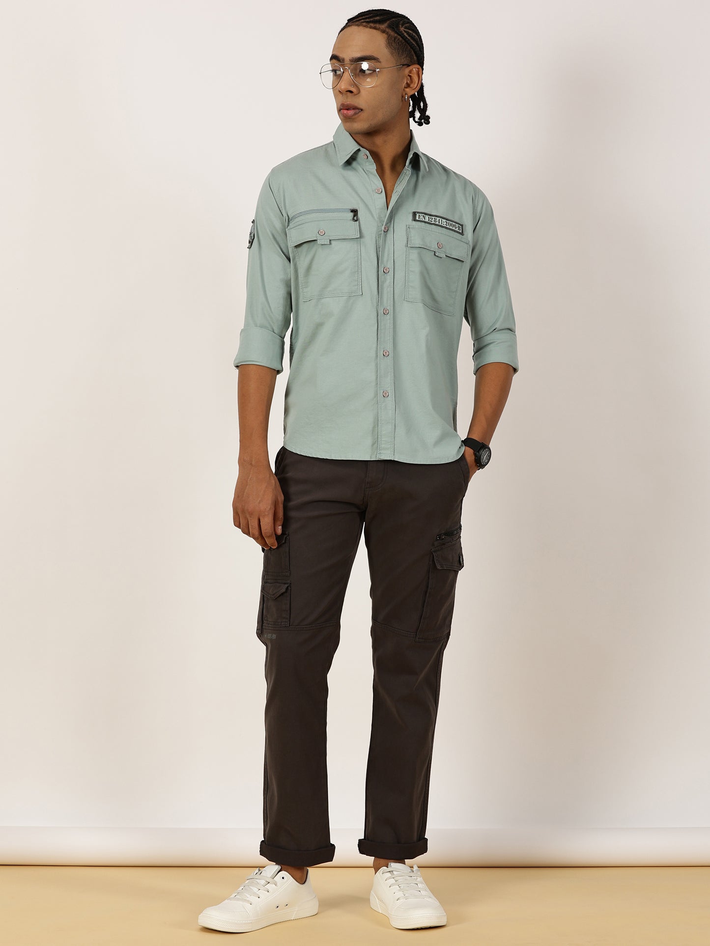 Zip Pocket Stretchable Green Cargo Shirt