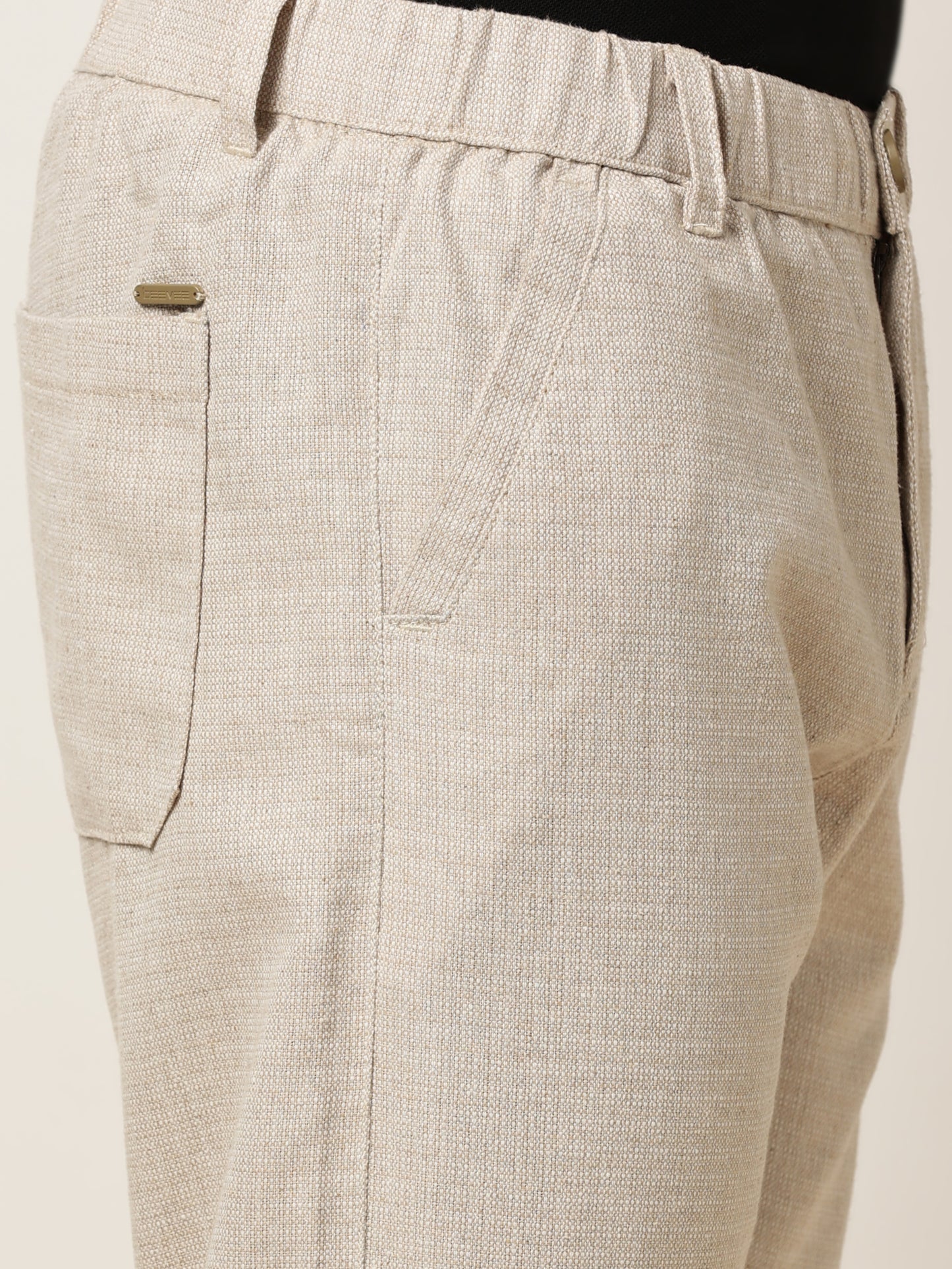 Yarn Dyed Elasticated  Waist Zip Pocket Beige Lounge Pants