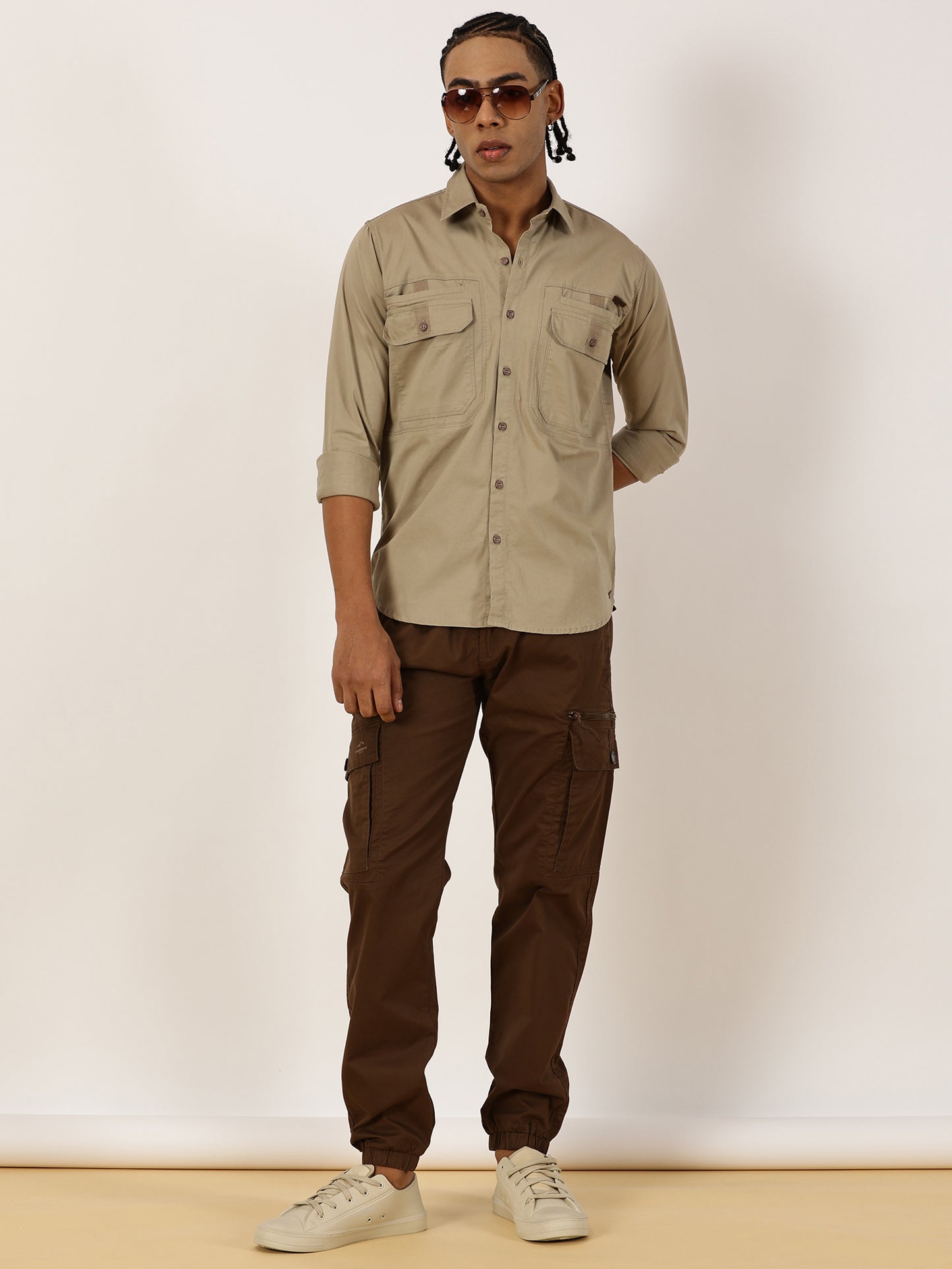 Double Pocket Stretchable Beige Cargo Shirt