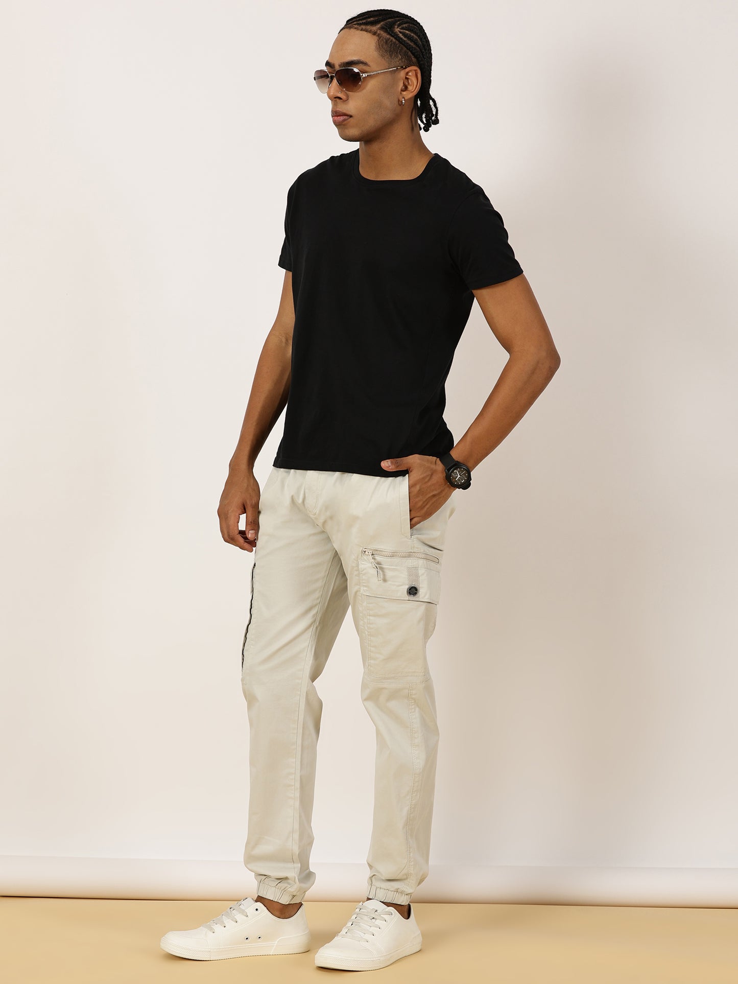 Elasticated Waist Zip Pocket Stretchable Grey Jogger Cargo