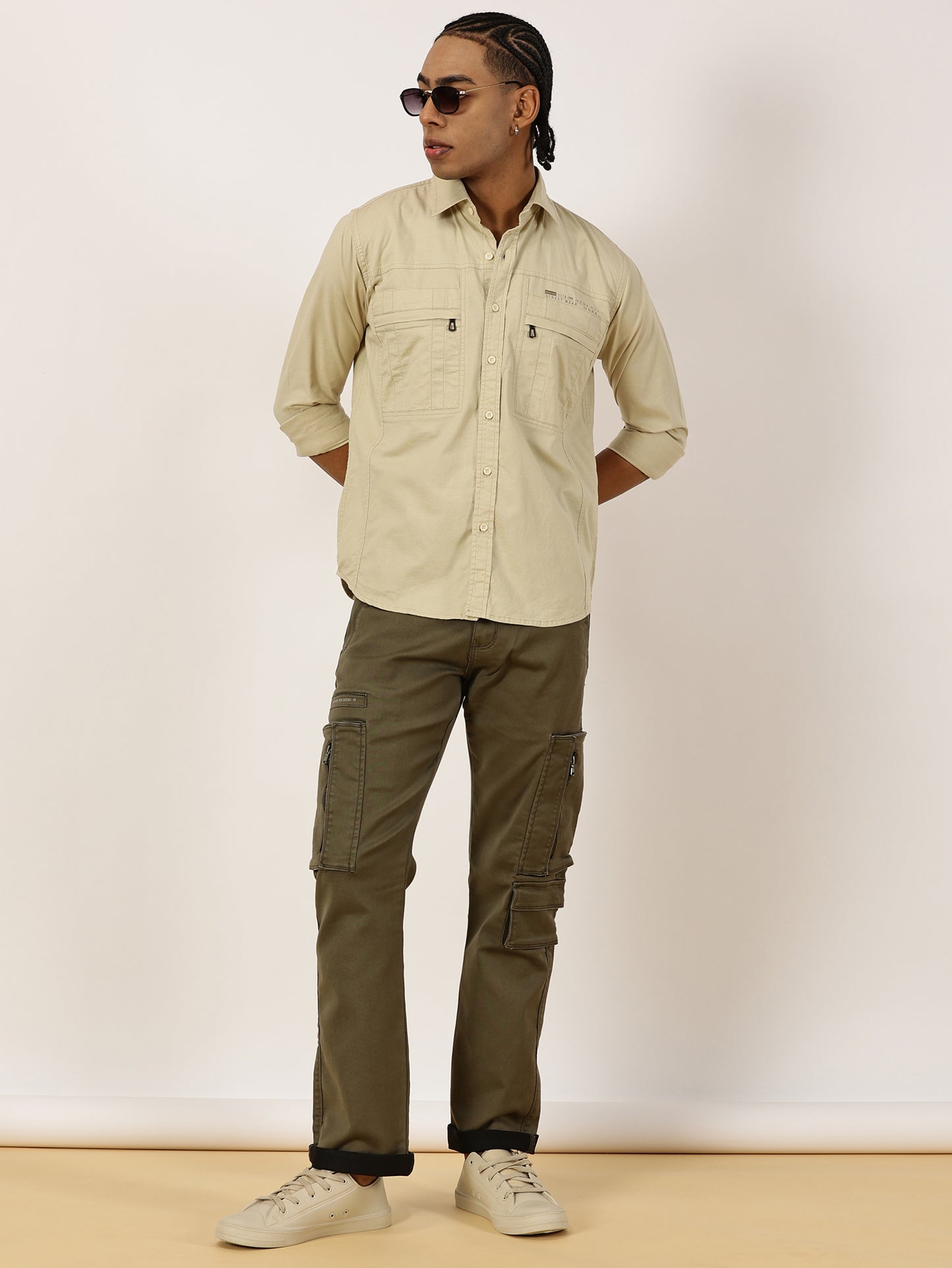 Multi Pocket with Zip Stretchable Beige Cargo Shirt