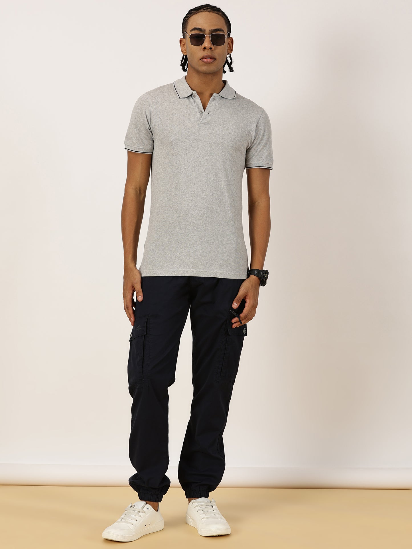 Elasticated Waist Zip Pocket Stretchable Navy Jogger Cargo