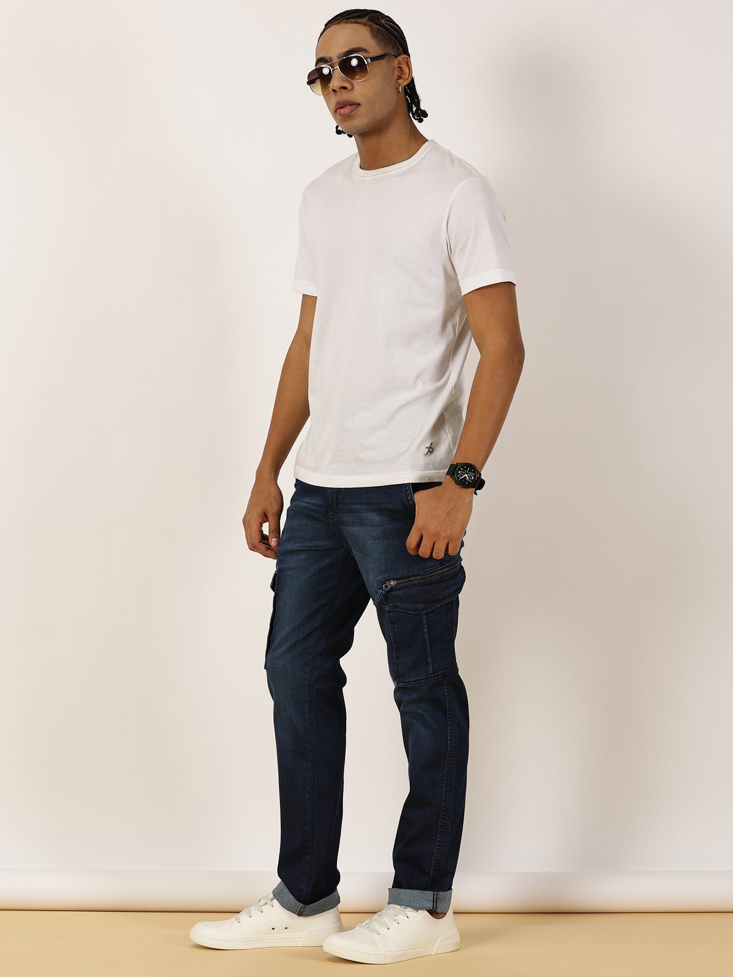 Multi Pocket Stretchable Dark Blue Denim Cargo