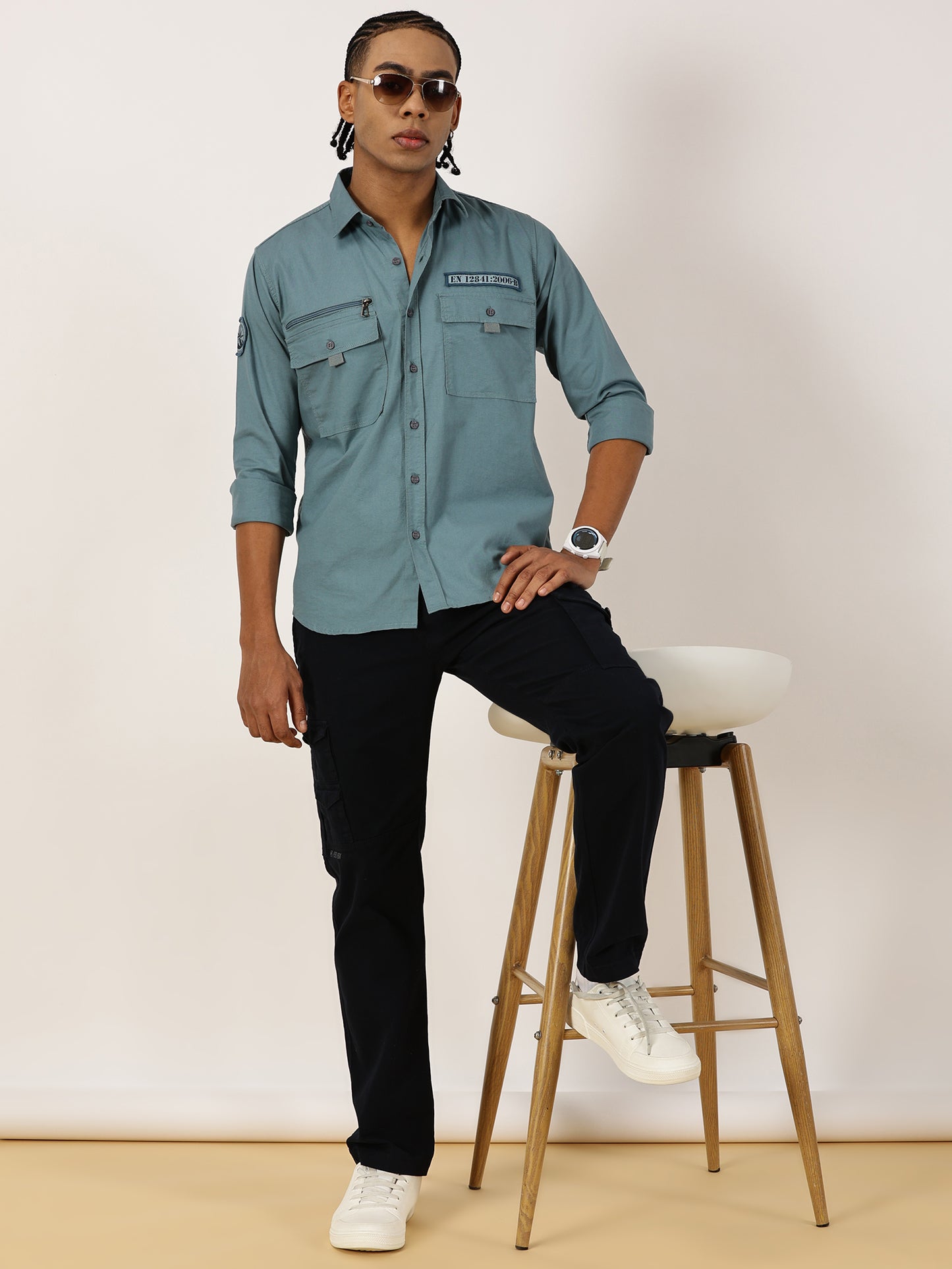 Zip Pocket Stretchable Blue Cargo Shirt