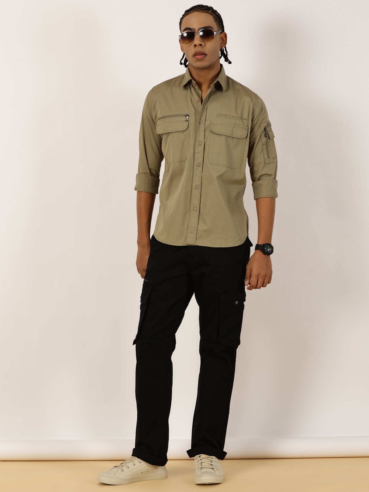 Zip Pocket Stretchable Olive Cargo Shirt