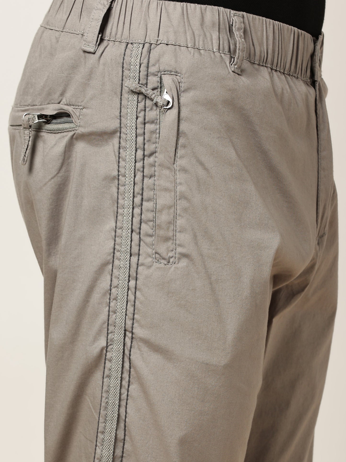 Elasticated Waist Zip Pocket Stretchable Light Grey Lounge Pants with Side Tape
