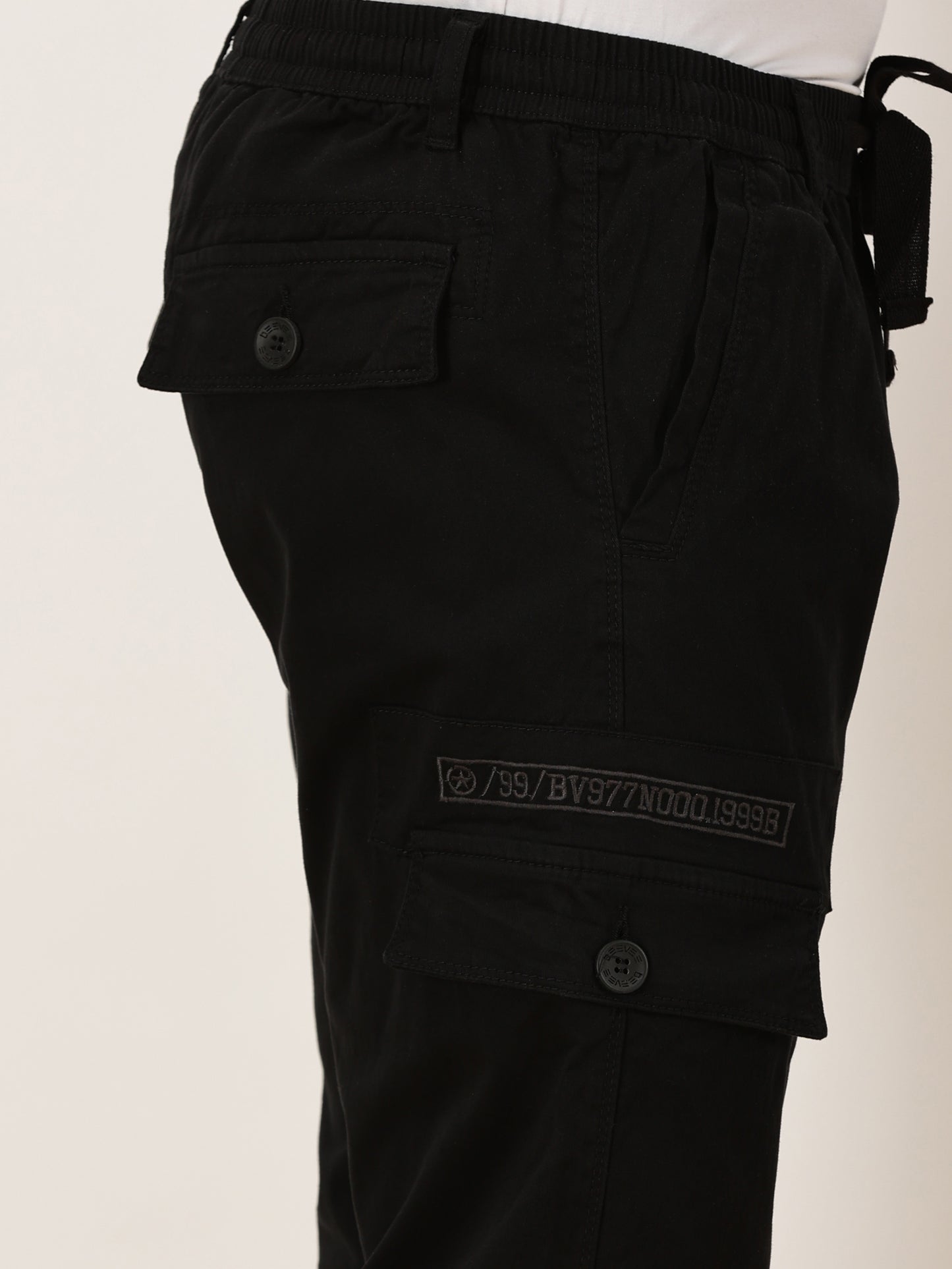 Elasticated Waist Multi Pocket Stretchable Black Cargo