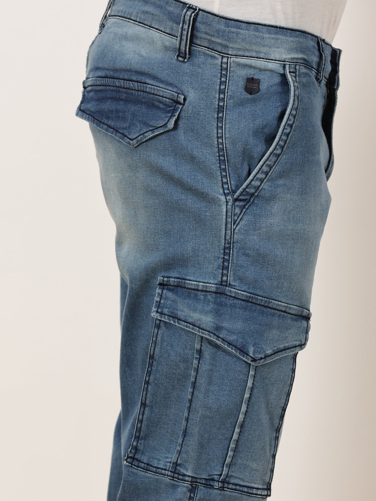 Multi Pocket Stretchable Light Blue Denim Cargo