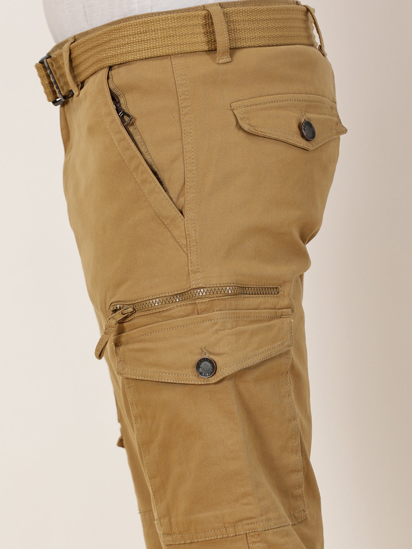 Zip Pocket Stretchable Khaki Cargo With Belt
