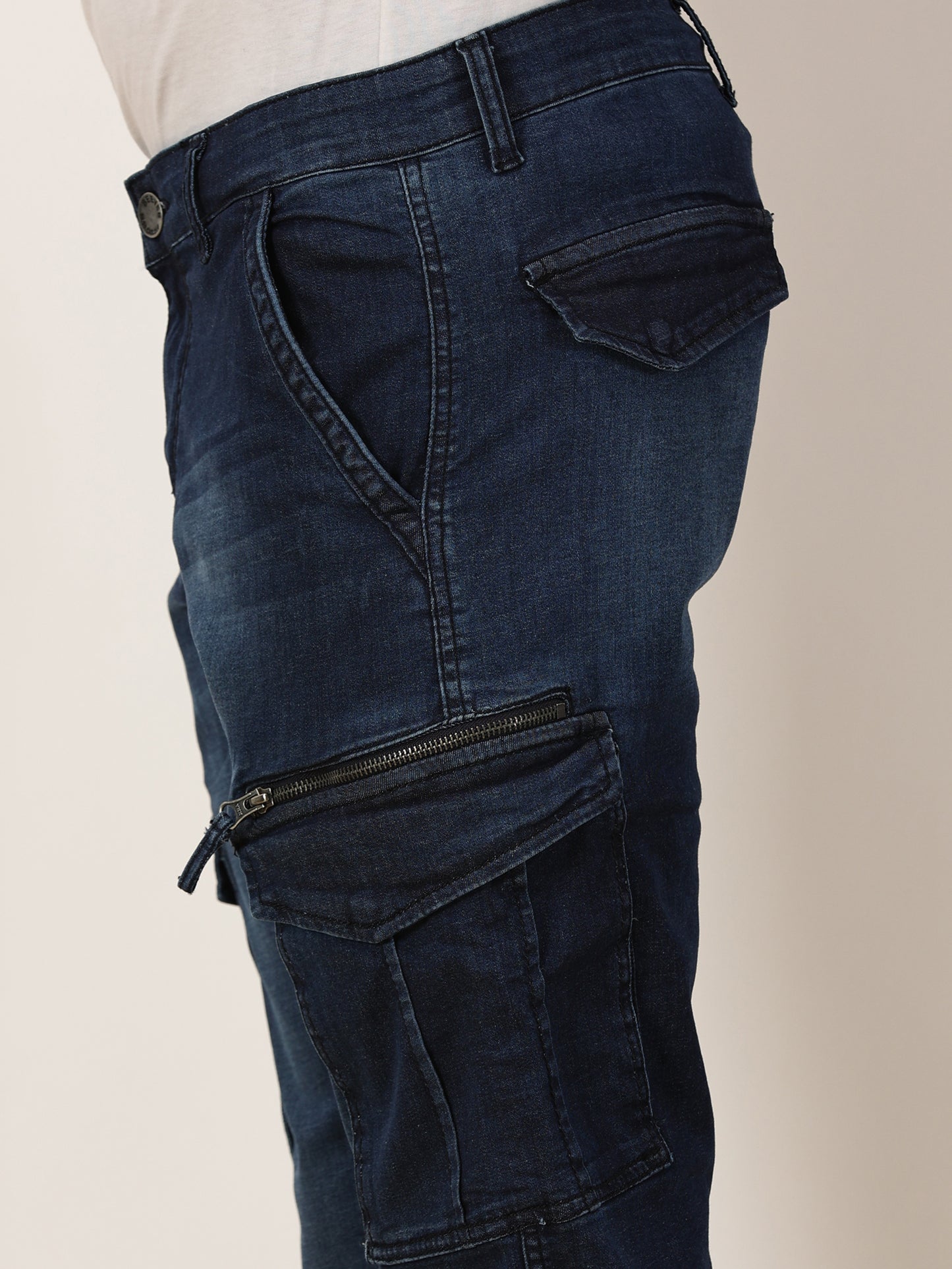 Multi Pocket Stretchable Dark Blue Denim Cargo