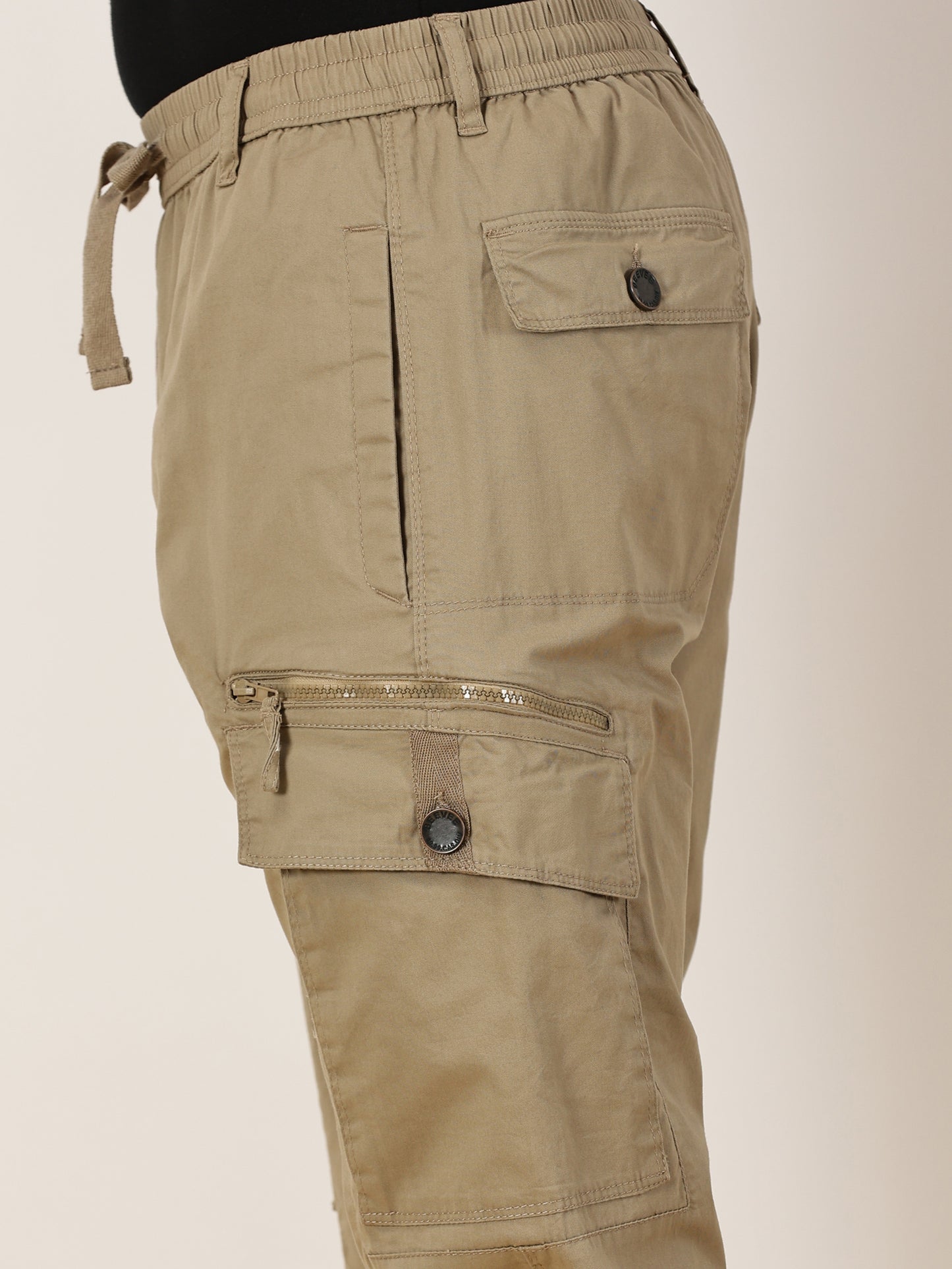Elasticated Waist Zip Pocket Stretchable Beige Jogger Cargo