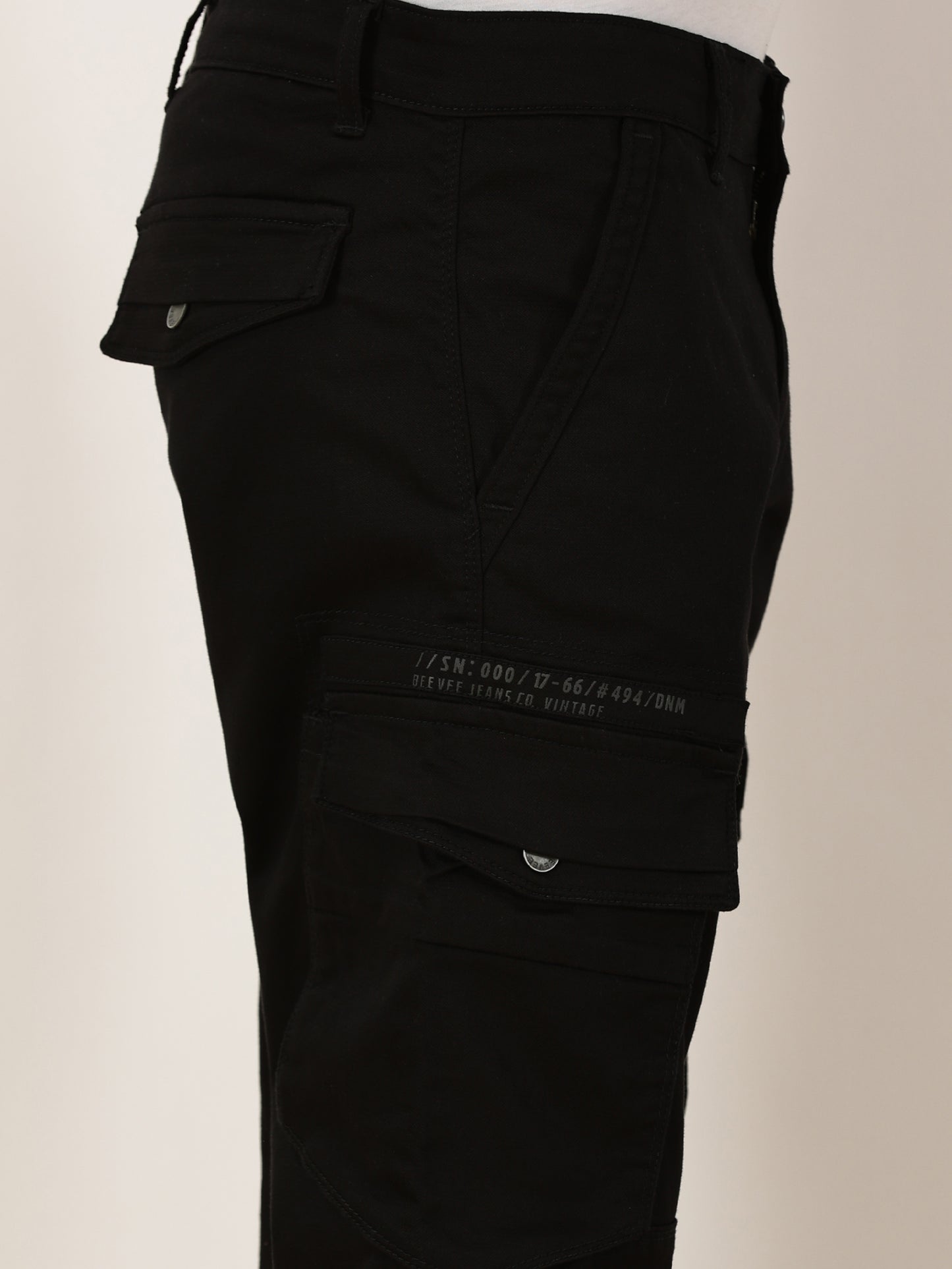 Zip Pocket Stretchable Black Cargo