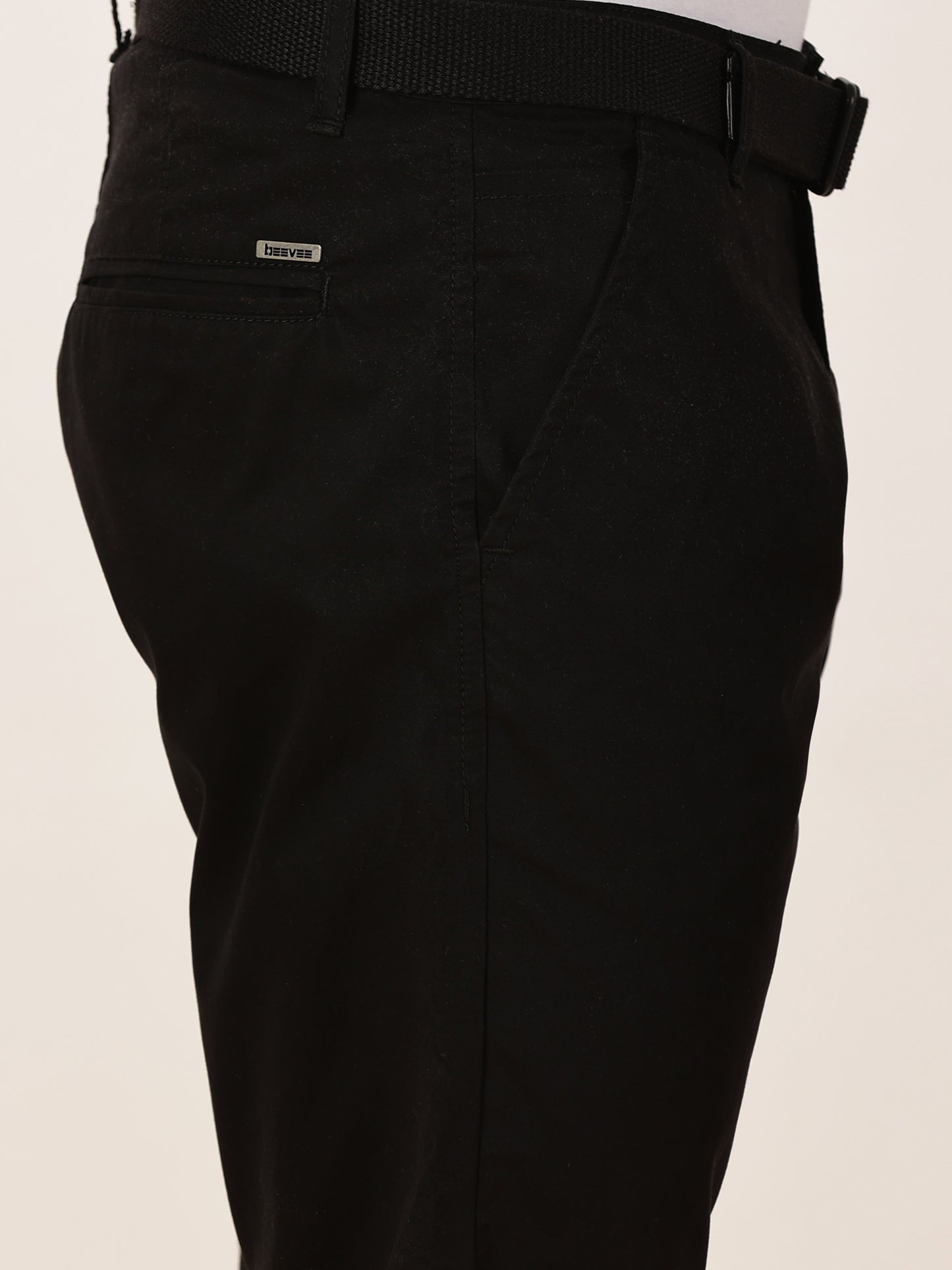 Black Regular Fit Solid Shorts With Belt