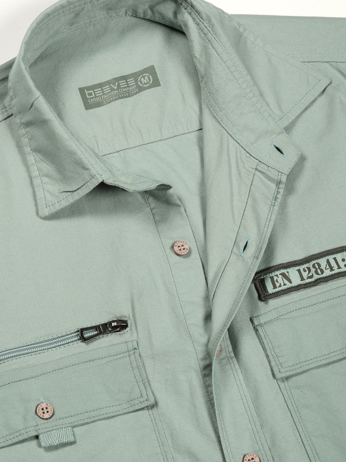 Zip Pocket Stretchable Green Cargo Shirt