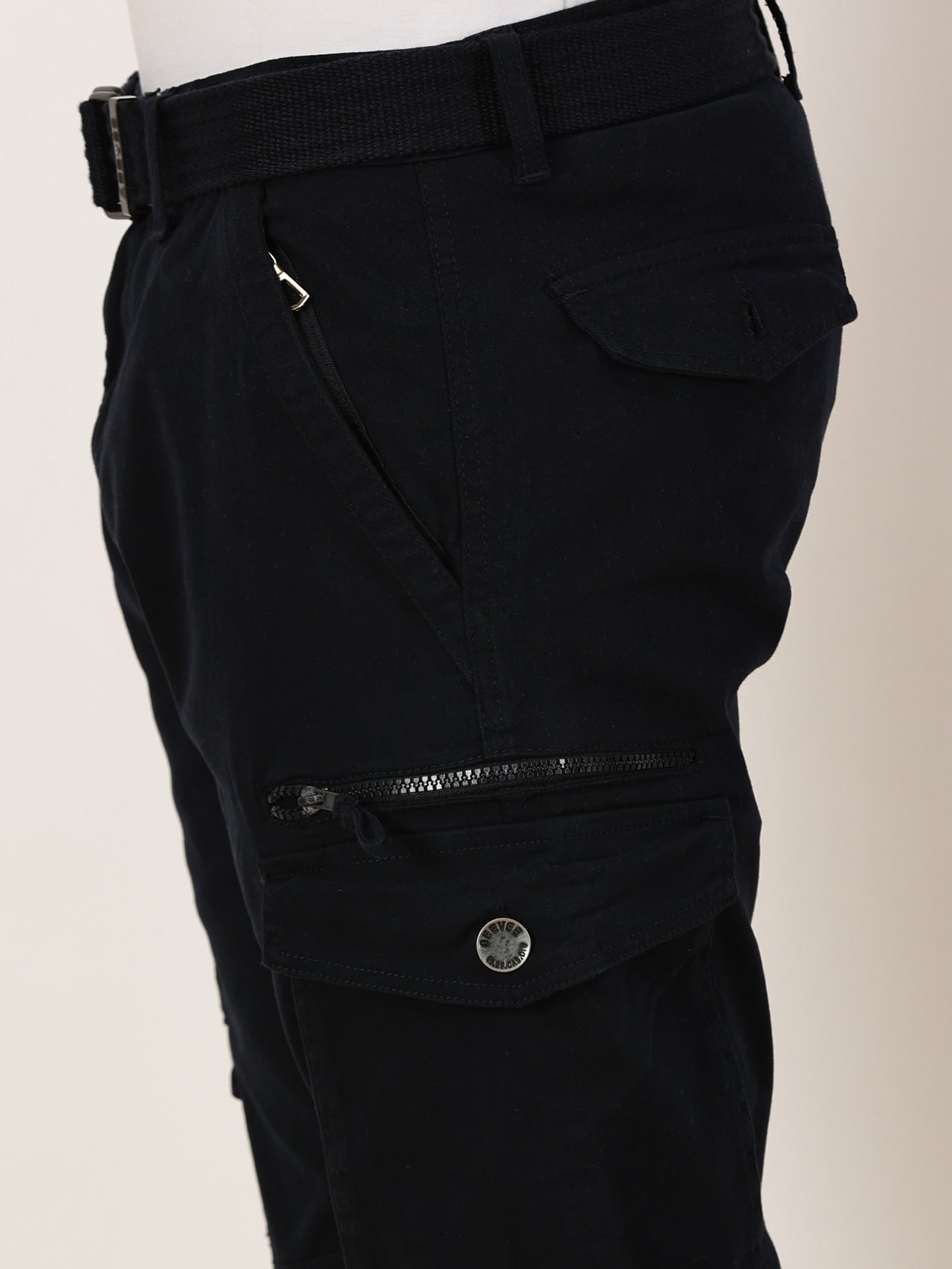 Zip Pocket Stretchable Navy Cargo With Belt