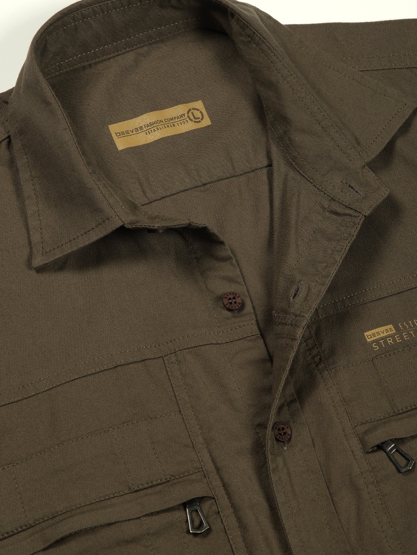Multi Pocket with Zip Stretchable Green Cargo Shirt