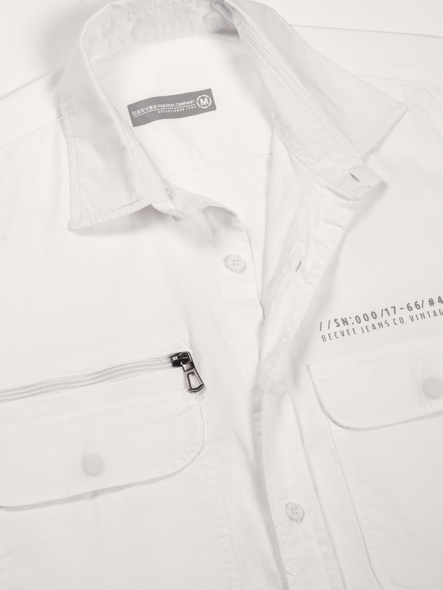 Zip Pocket Stretchable White Cargo Shirt