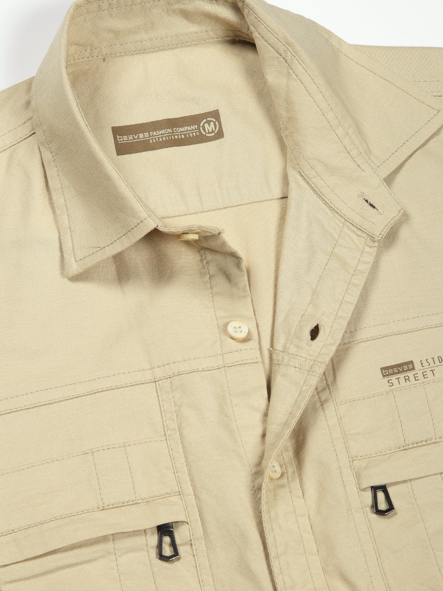 Multi Pocket with Zip Stretchable Beige Cargo Shirt