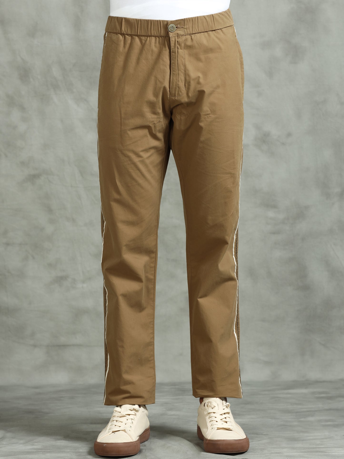 Elasticated Waist Zip Pocket Khaki Lounge Pants with Side Tape
