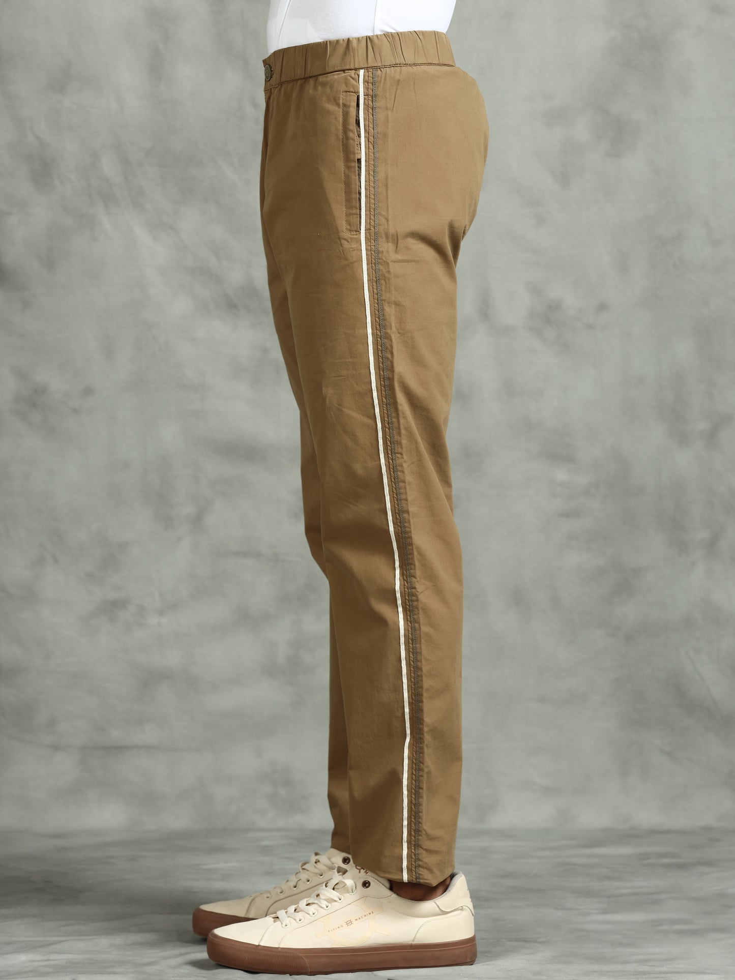 Elasticated Waist Zip Pocket Khaki Lounge Pants with Side Tape