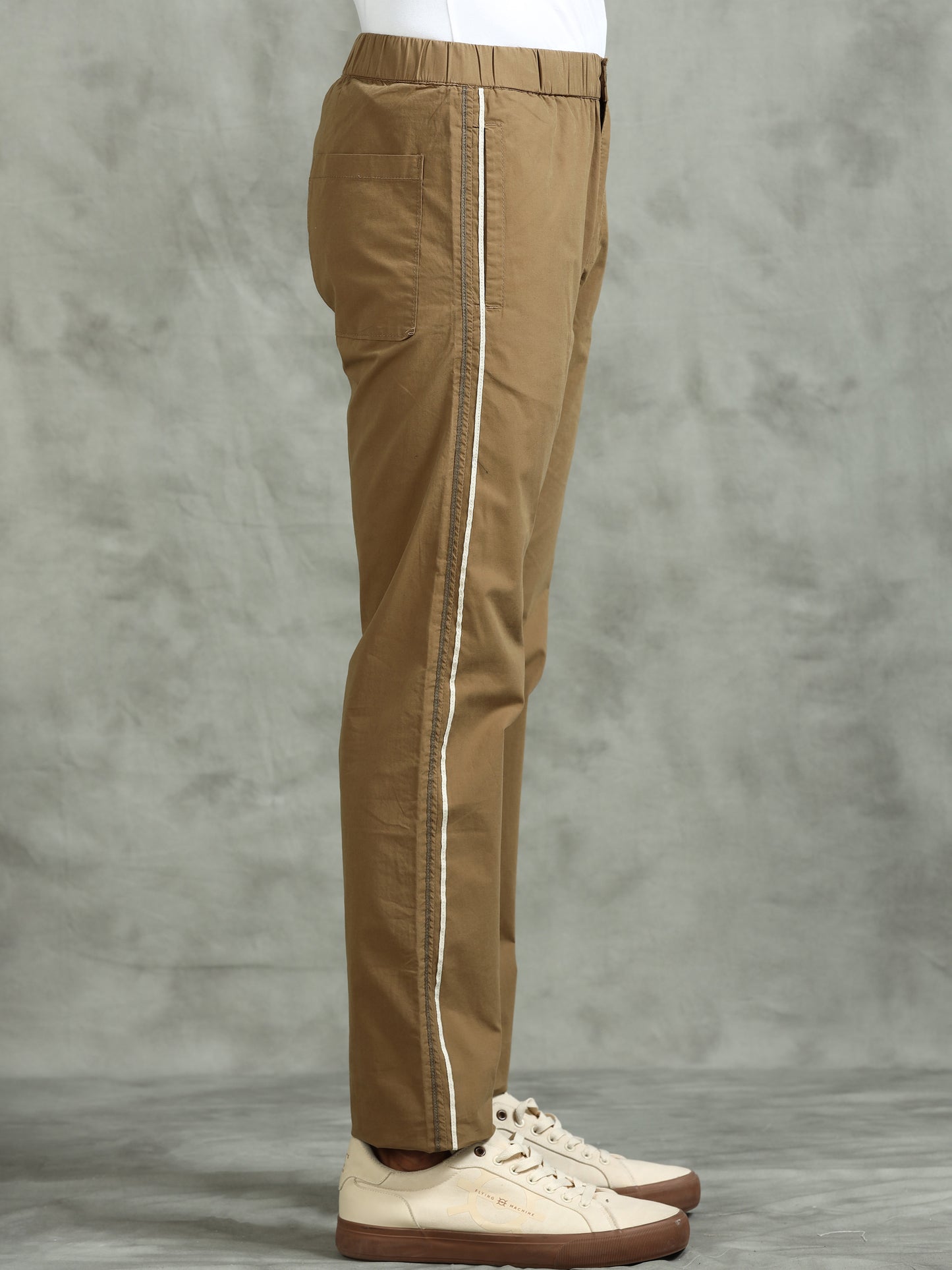 Elasticated Waist Zip Pocket Khaki Lounge Pants with Side Tape