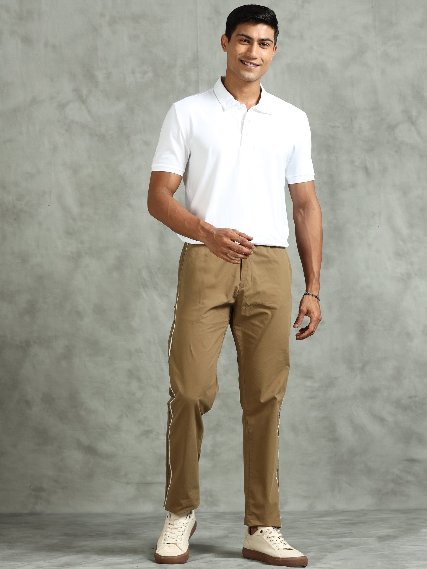 Elasticated Waist Zip Pocket Khaki Lounge Pants with Side Tape