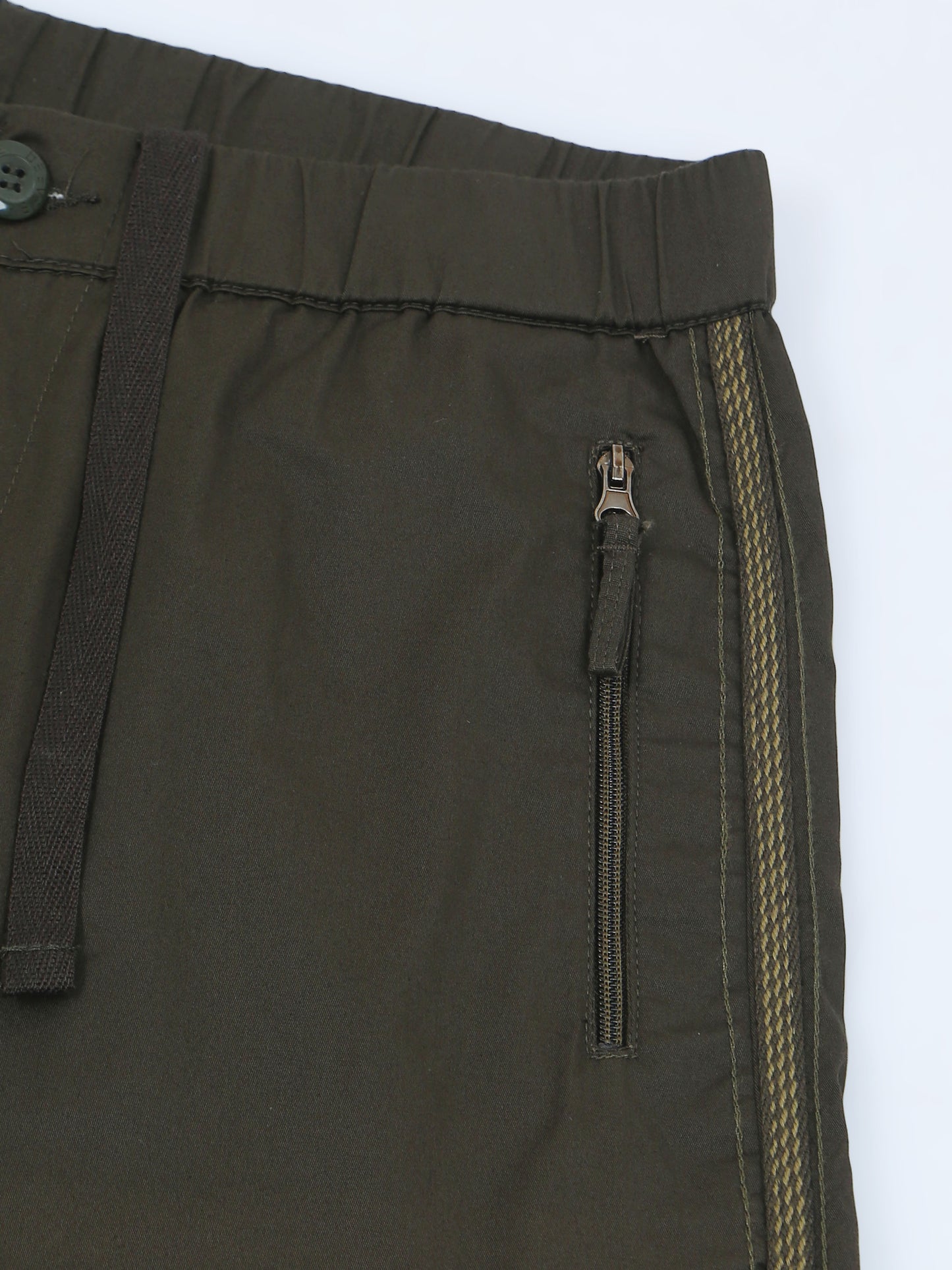Elasticated Waist Zip Pocket Stretchable Olive Lounge Pants with Side Tape