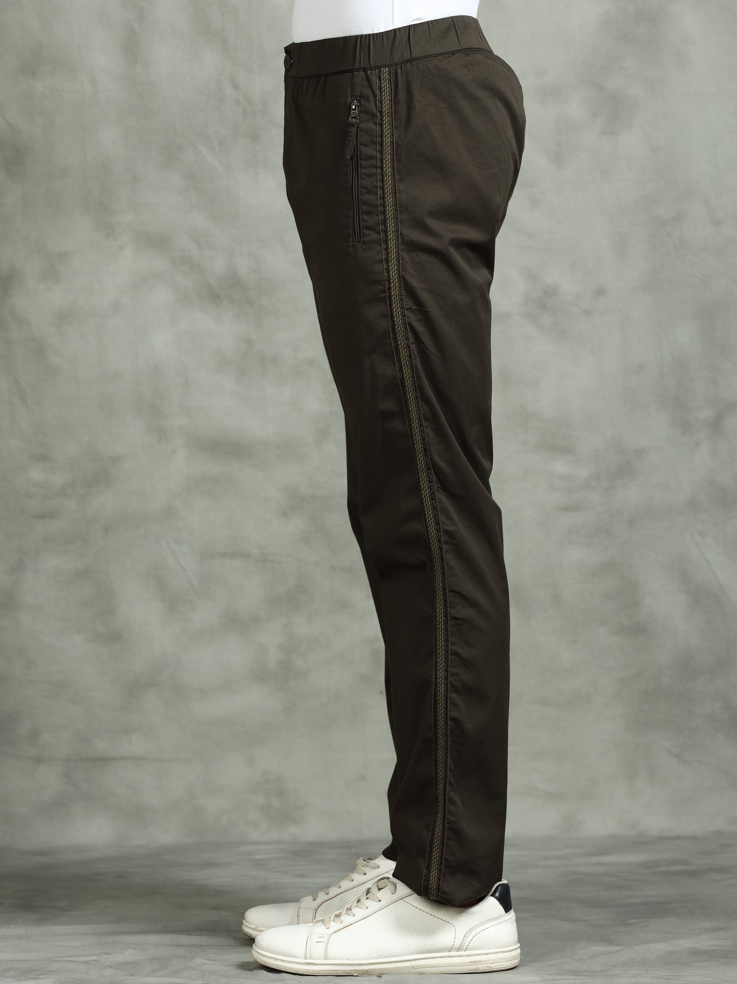 Elasticated Waist Zip Pocket Stretchable Olive Lounge Pants with Side Tape