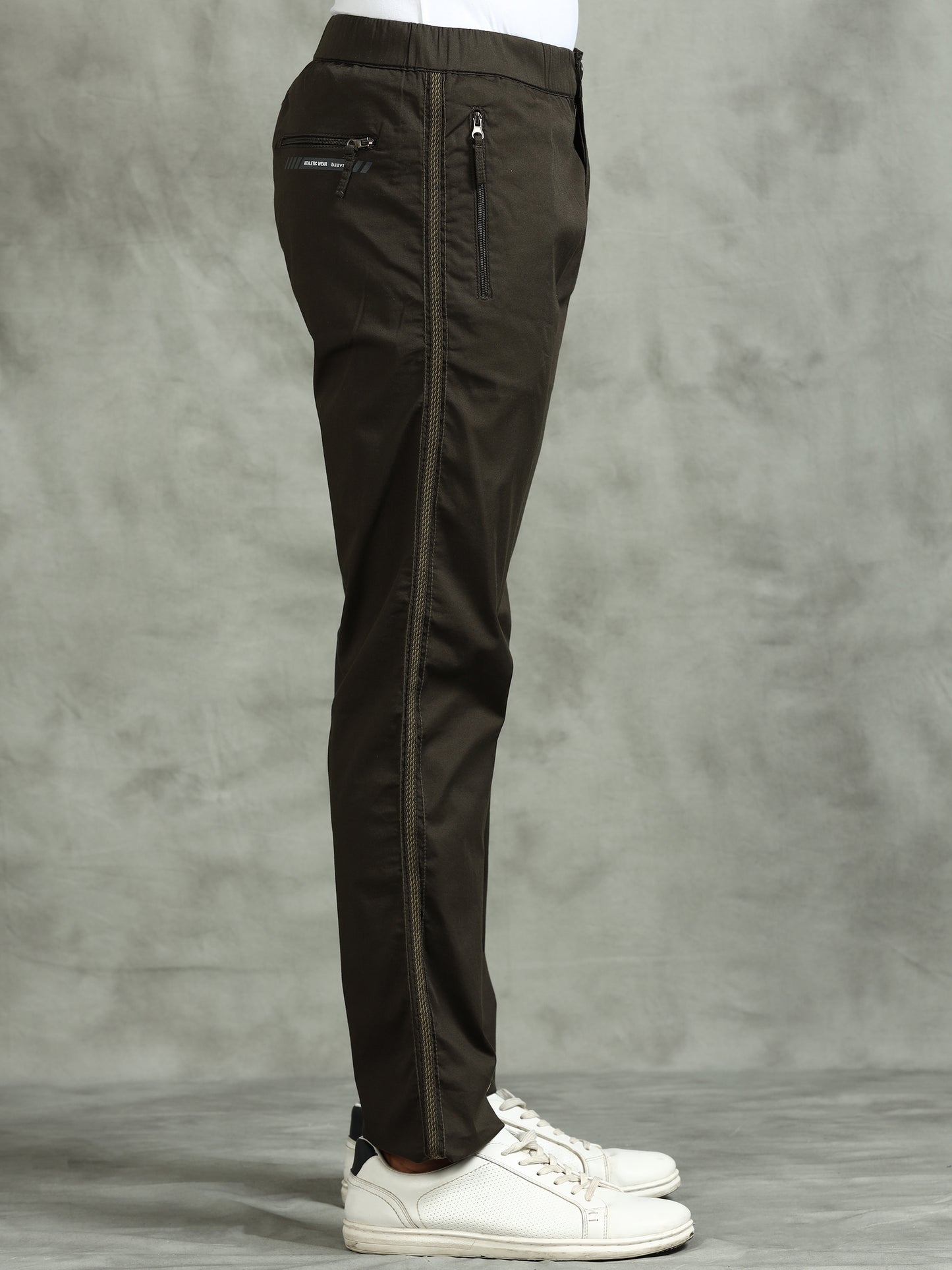 Elasticated Waist Zip Pocket Stretchable Olive Lounge Pants with Side Tape