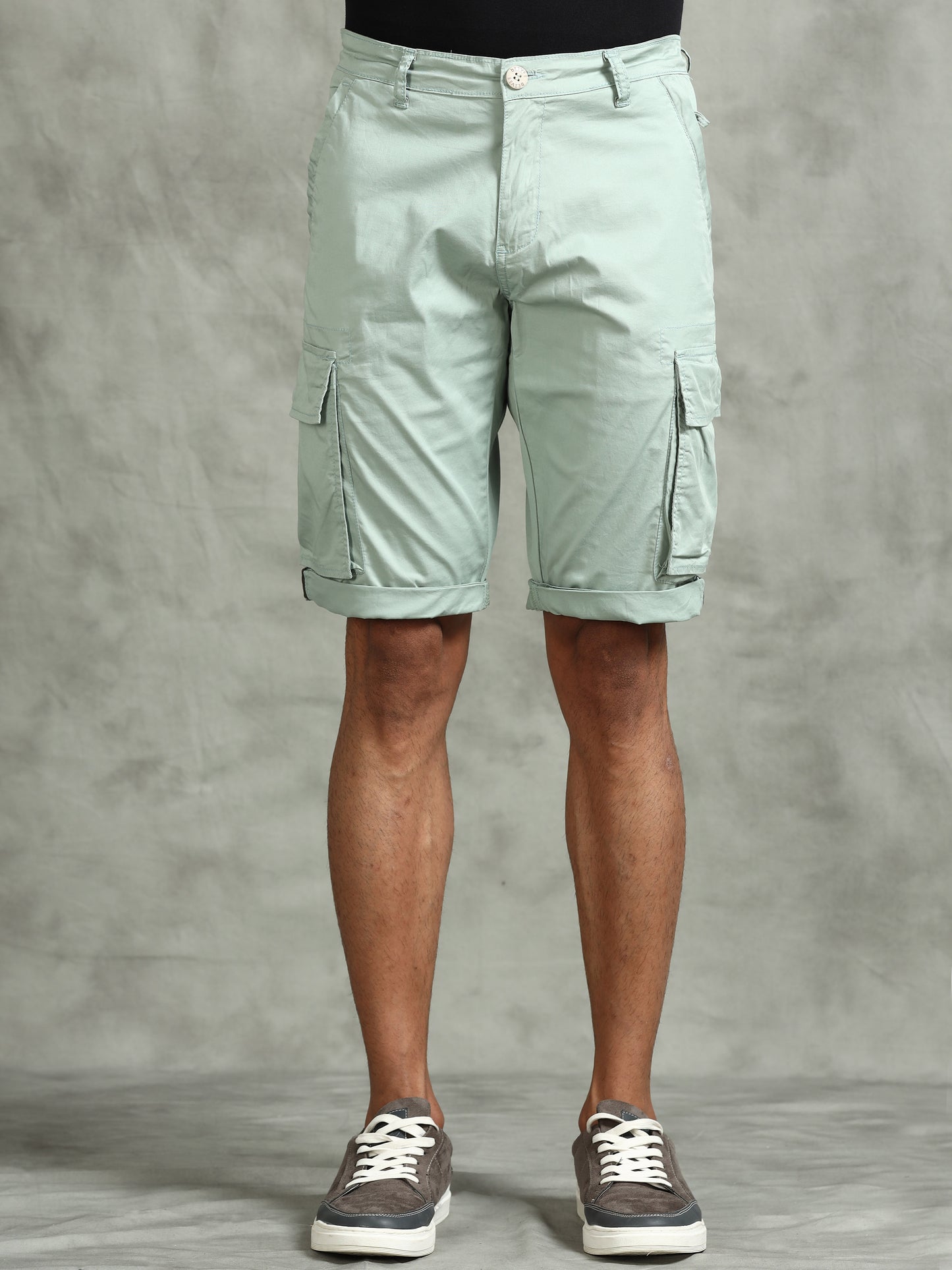 Zip Pocket Stretchable Green Cargo Shorts