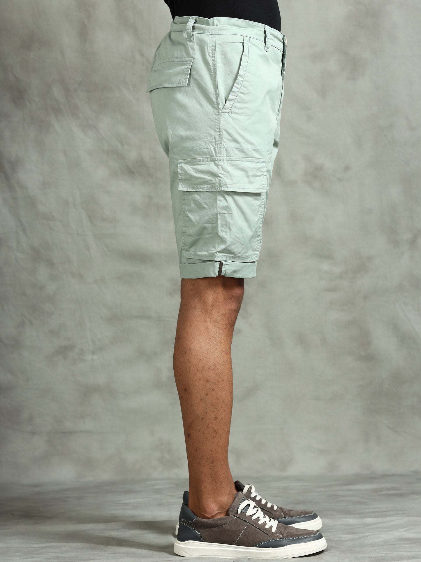 Zip Pocket Stretchable Green Cargo Shorts