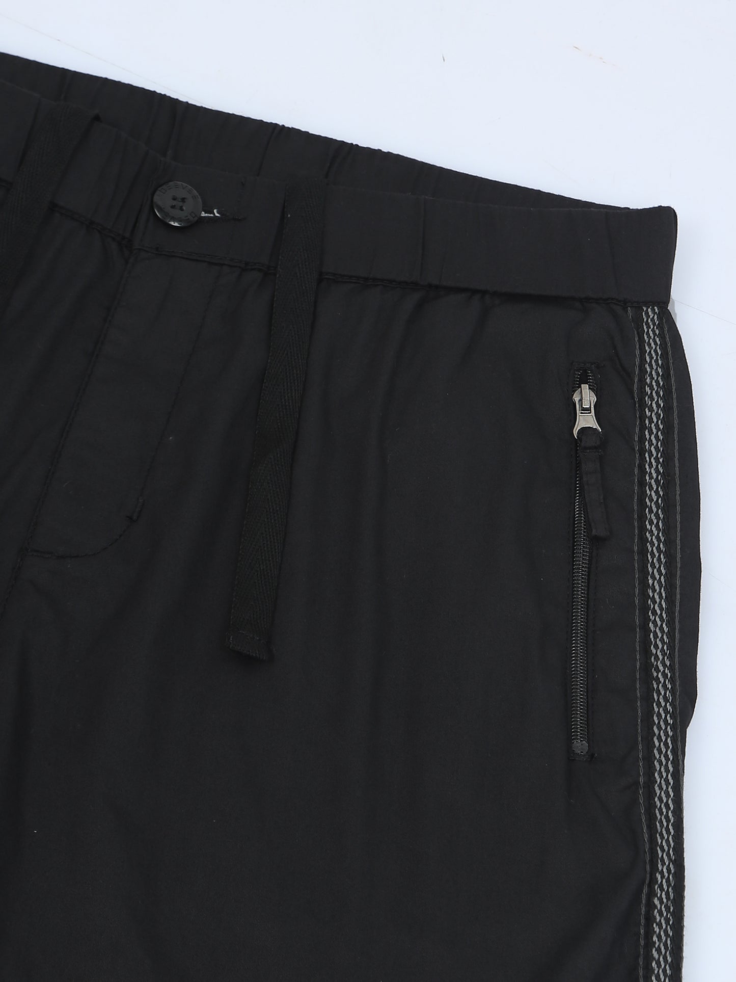 Elasticated Waist Zip Pocket Stretchable Black Lounge Pants with Side Tape
