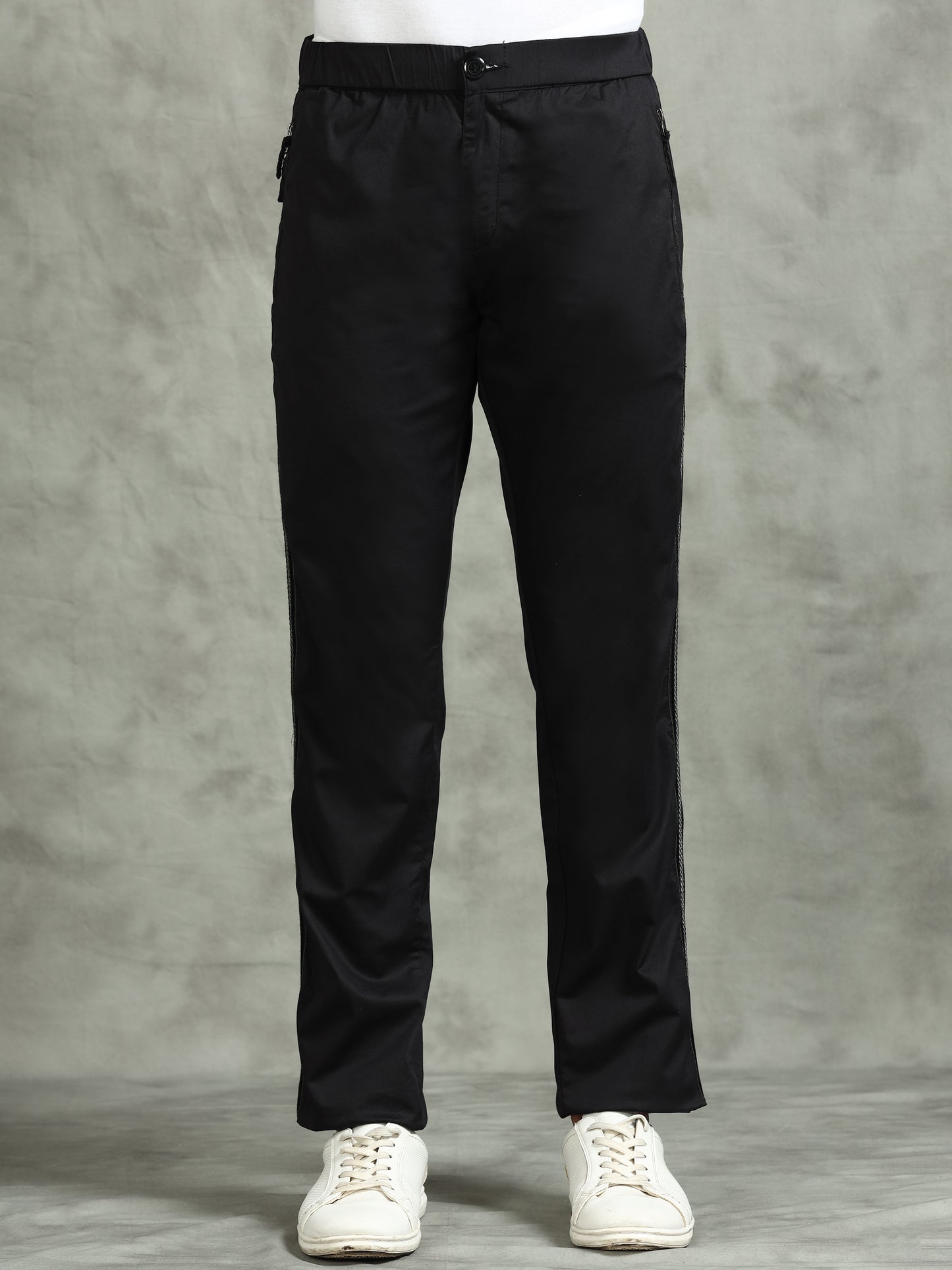 Elasticated Waist Zip Pocket Stretchable Black Lounge Pants with Side Tape
