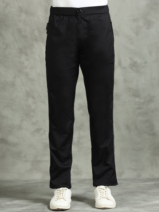 Elasticated Waist Zip Pocket Stretchable Black Lounge Pants with Side Tape