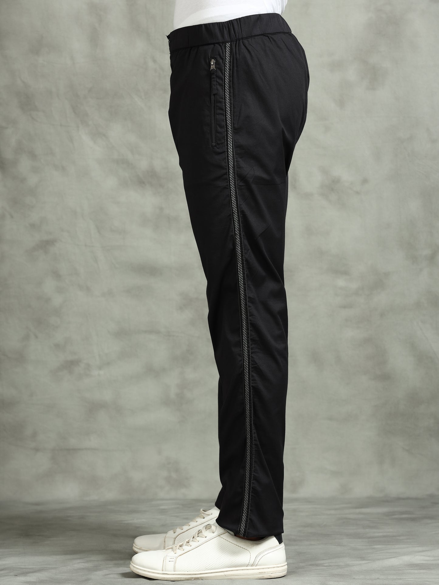 Elasticated Waist Zip Pocket Stretchable Black Lounge Pants with Side Tape