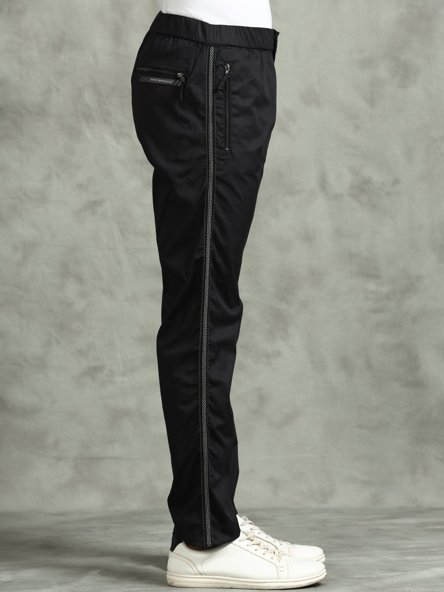 Elasticated Waist Zip Pocket Stretchable Black Lounge Pants with Side Tape