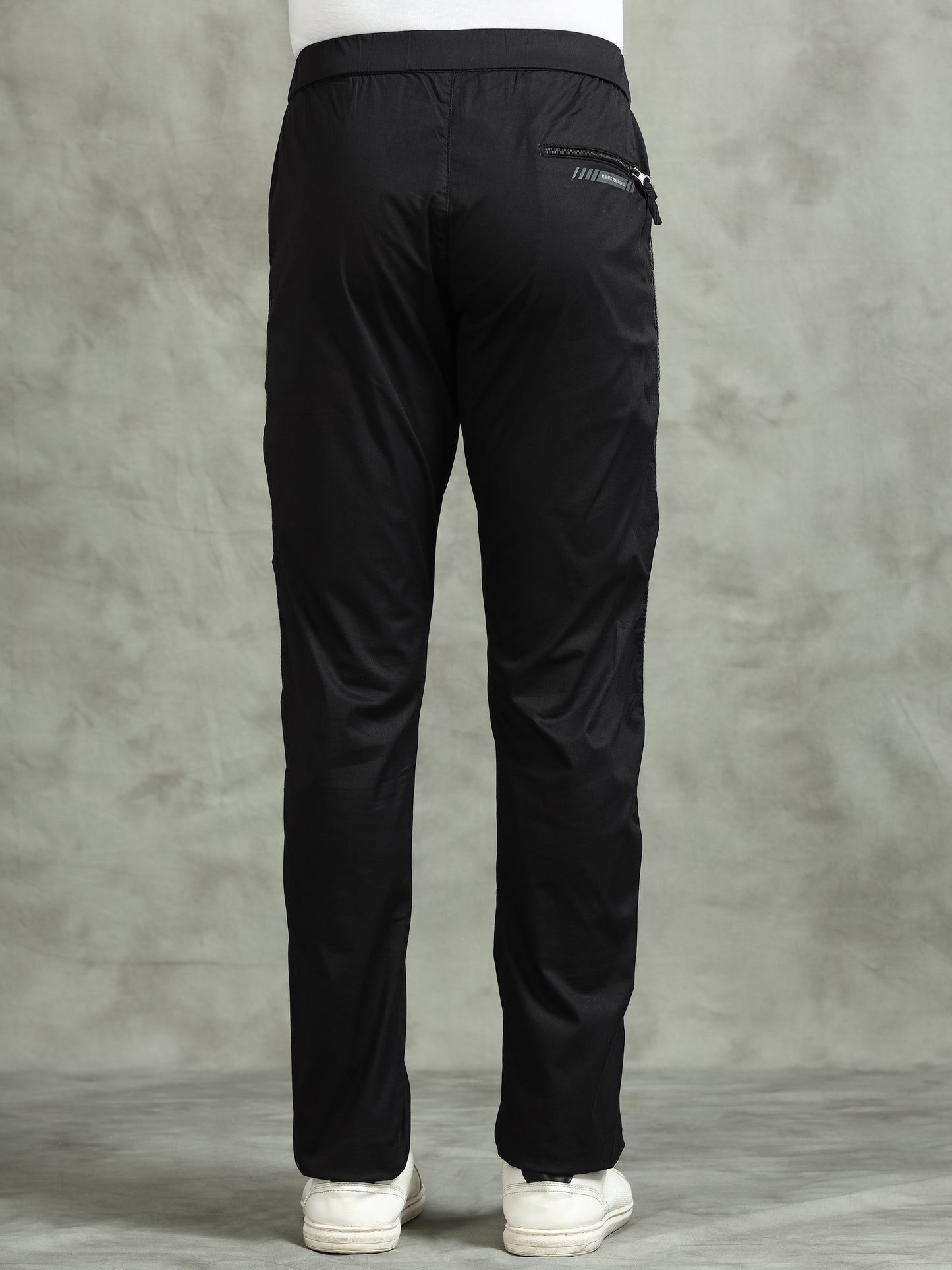 Elasticated Waist Zip Pocket Stretchable Black Lounge Pants with Side Tape
