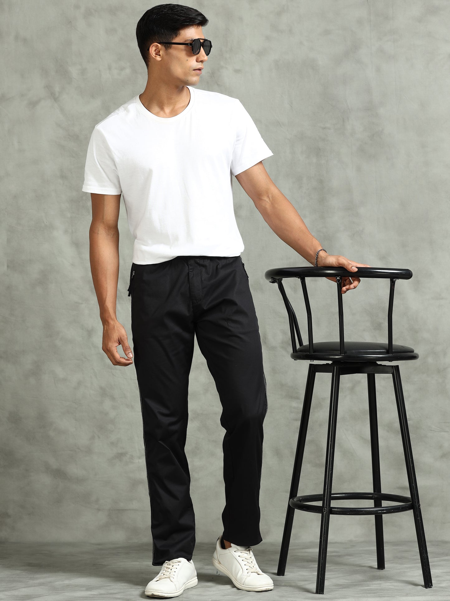 Elasticated Waist Zip Pocket Stretchable Black Lounge Pants with Side Tape