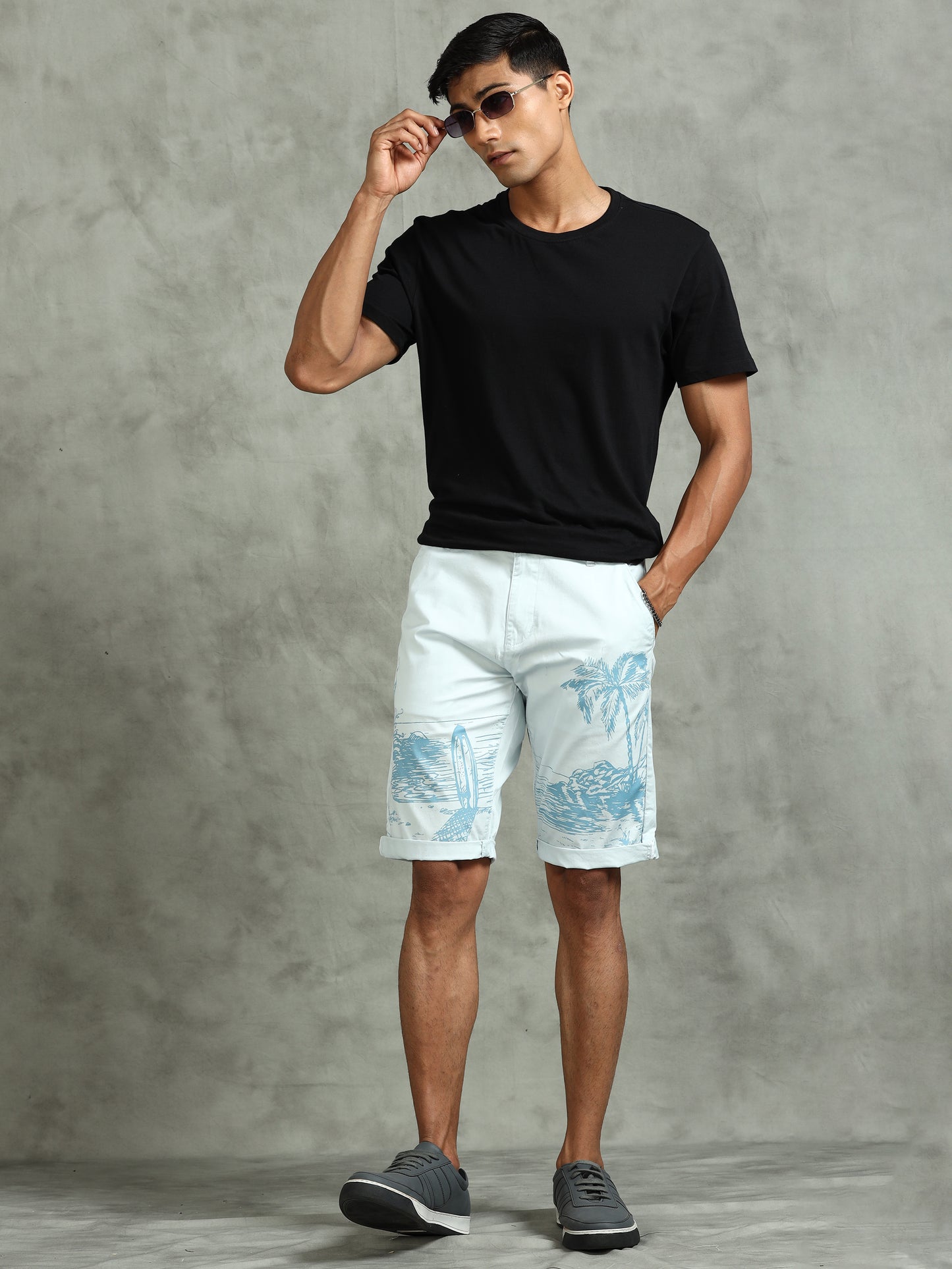 Printed Stretchable Sky Blue Shorts