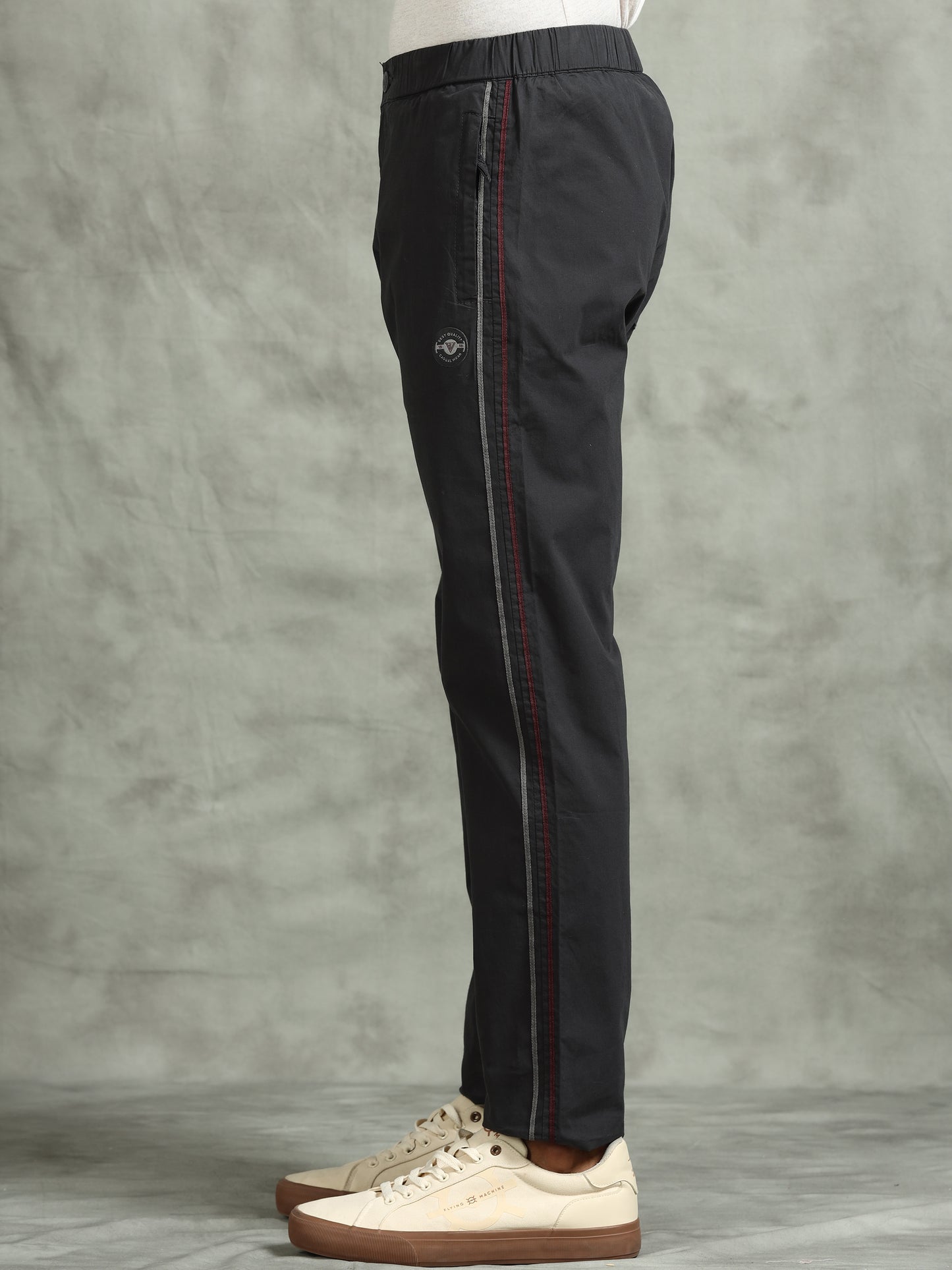 Elasticated Waist Zip Pocket Dark Grey Lounge Pants with Side Tape