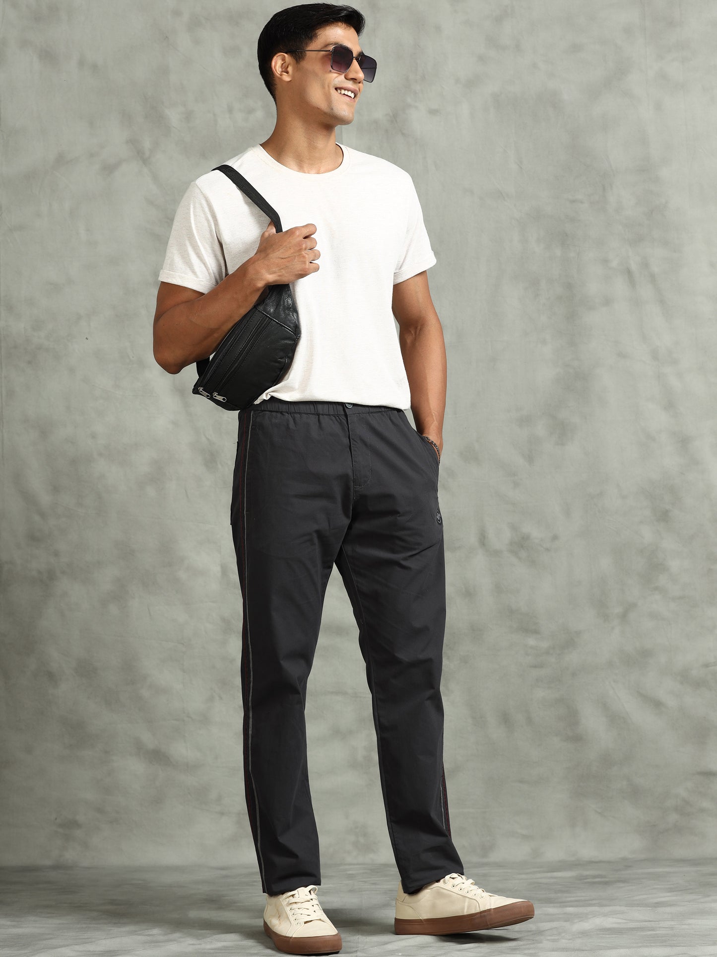 Elasticated Waist Zip Pocket Dark Grey Lounge Pants with Side Tape