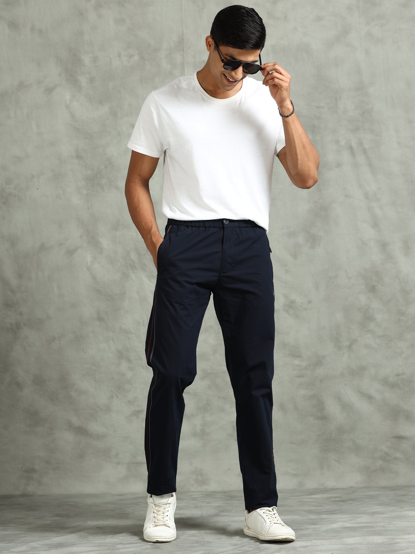 Elasticated Waist Zip Pocket Navy Lounge Pants With Side Tape