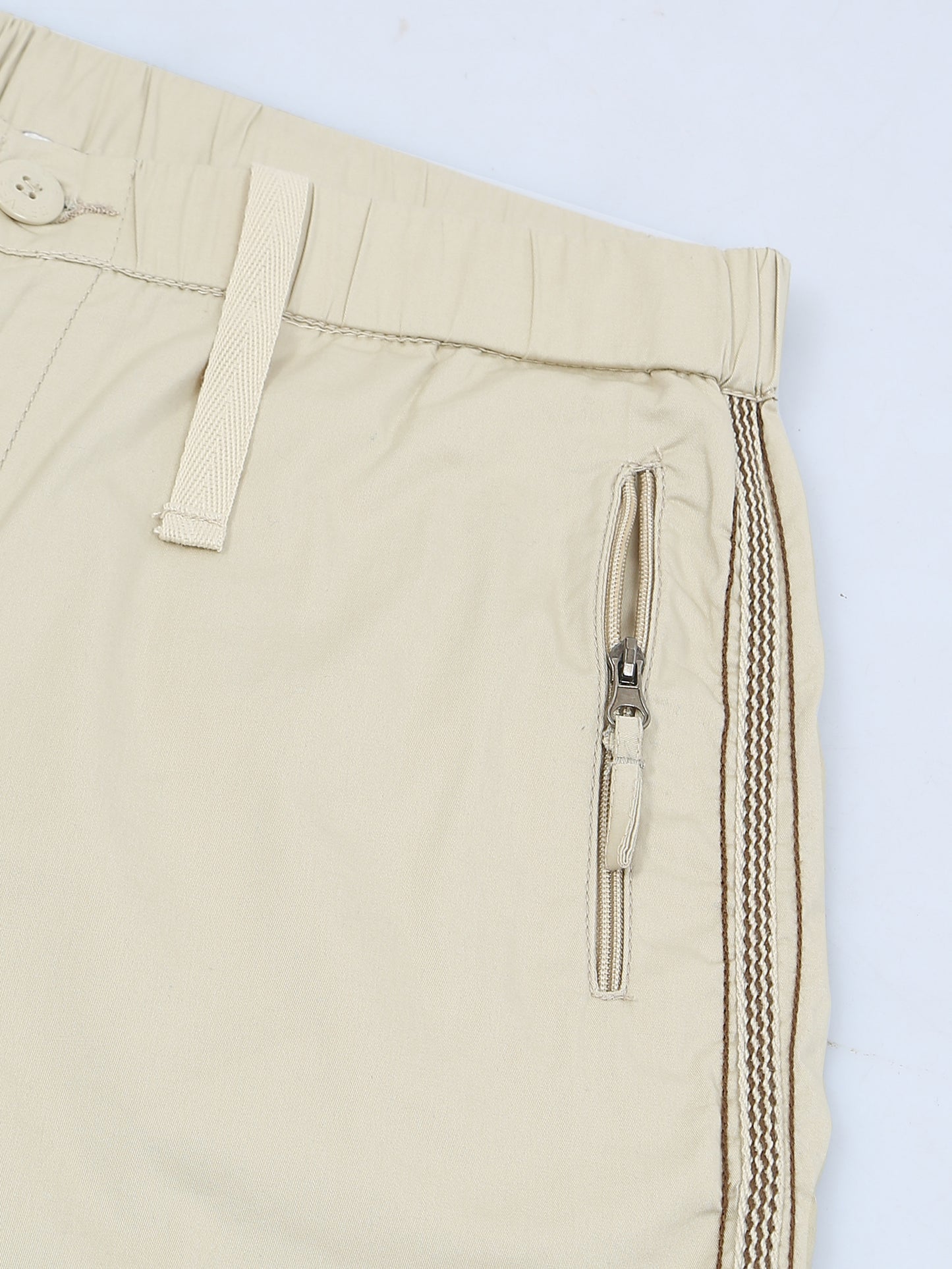 Elasticated Waist Zip Pocket Stretchable Beige Lounge Pants with Side Tape